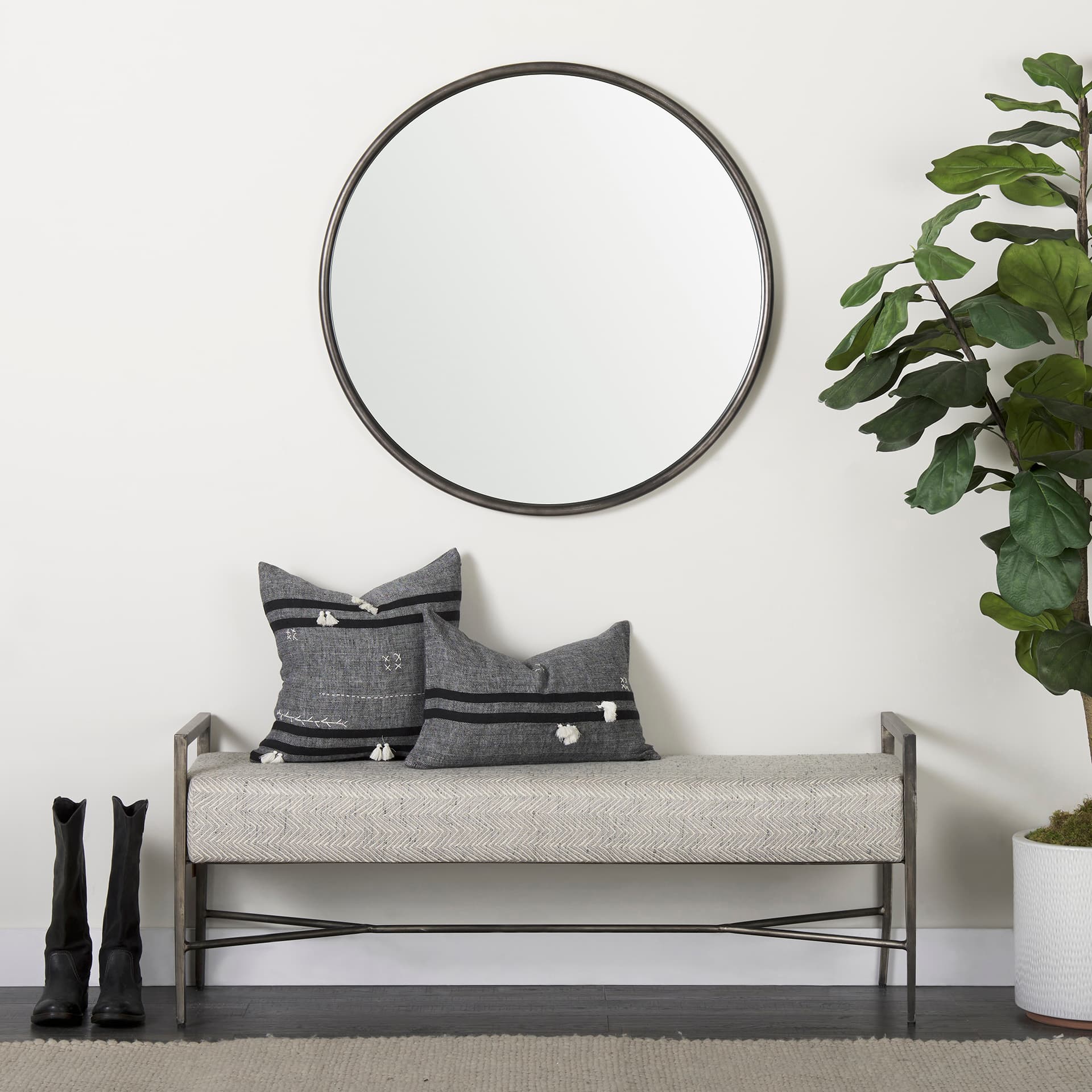 Charlotte 55.0L Gray Herringbone Fabric Seat w/ Antique Nickel Metal Frame Bench — in a styled room