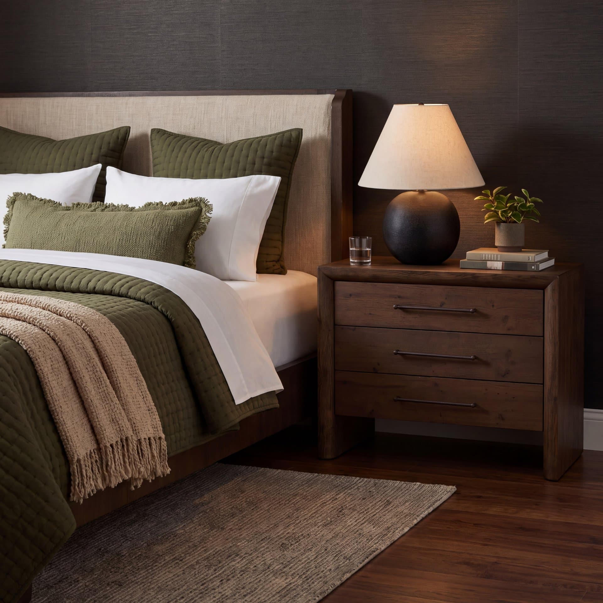 Holden King Upholstered Bedframe | Shelter Headboard | Oatmeal Performance Fabric — in a styled room