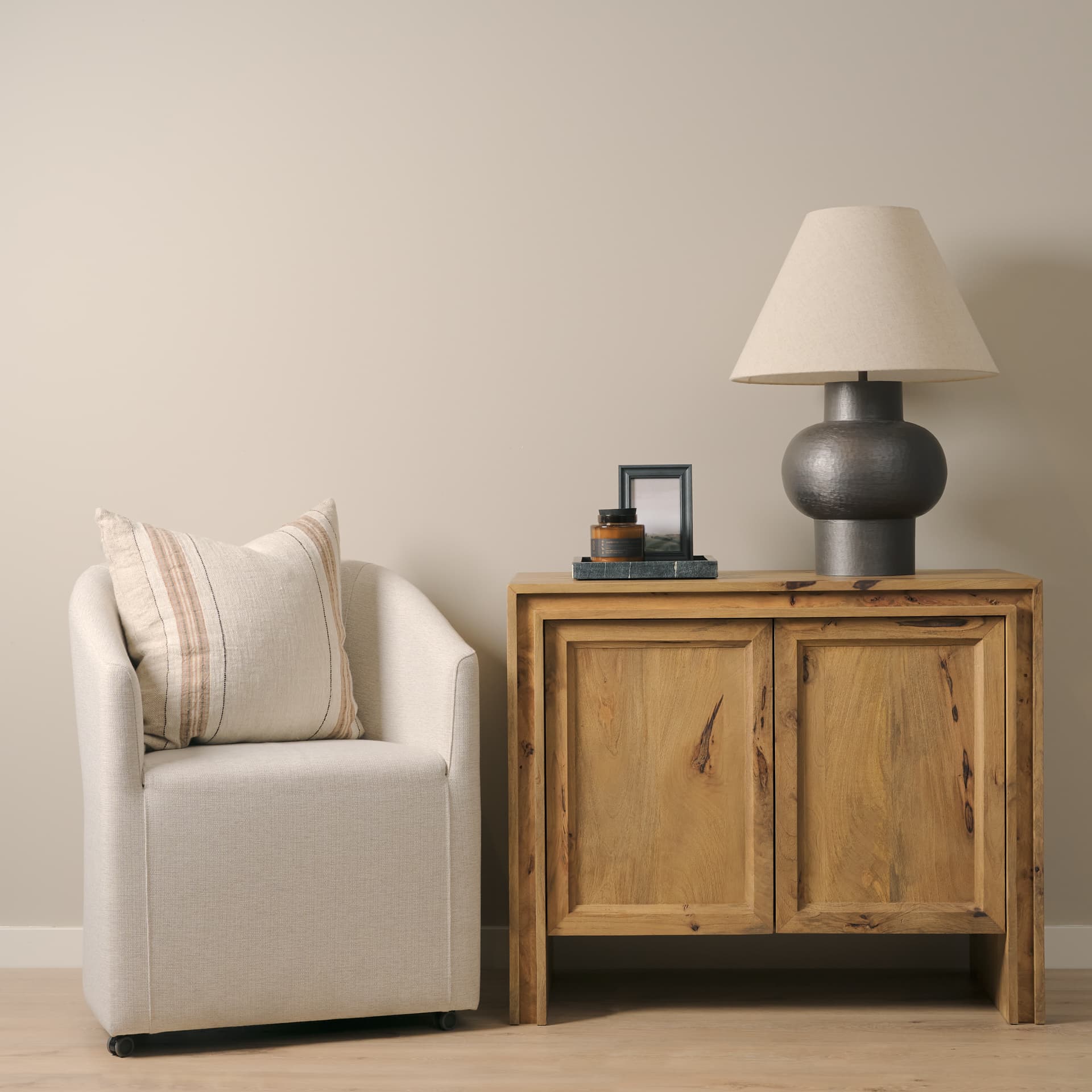 Notts Brown Wood 2-Door Accent Cabinet — in a styled room