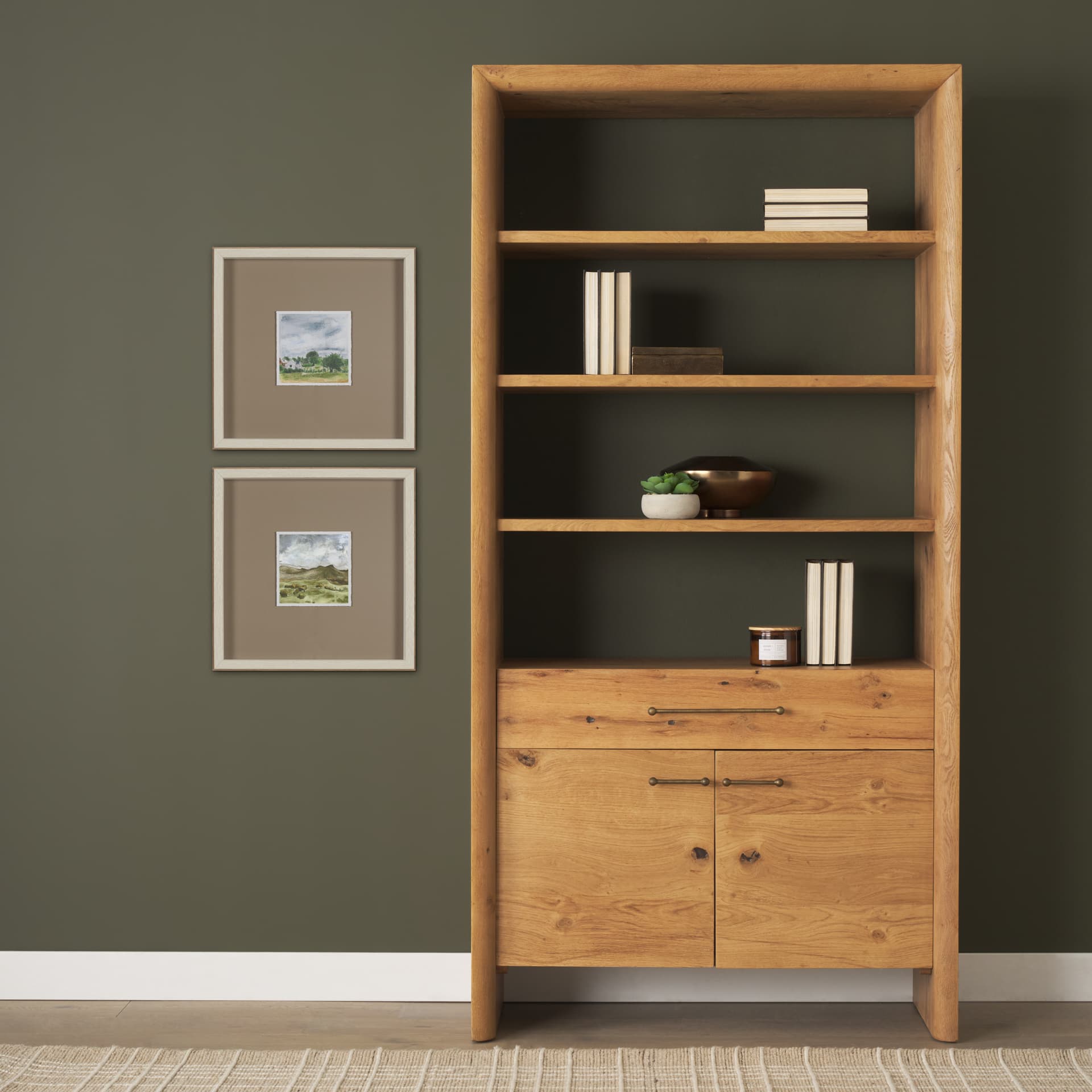Belford 2-Door Open Light Brown Oak Wood Shelving Unit — product photograph