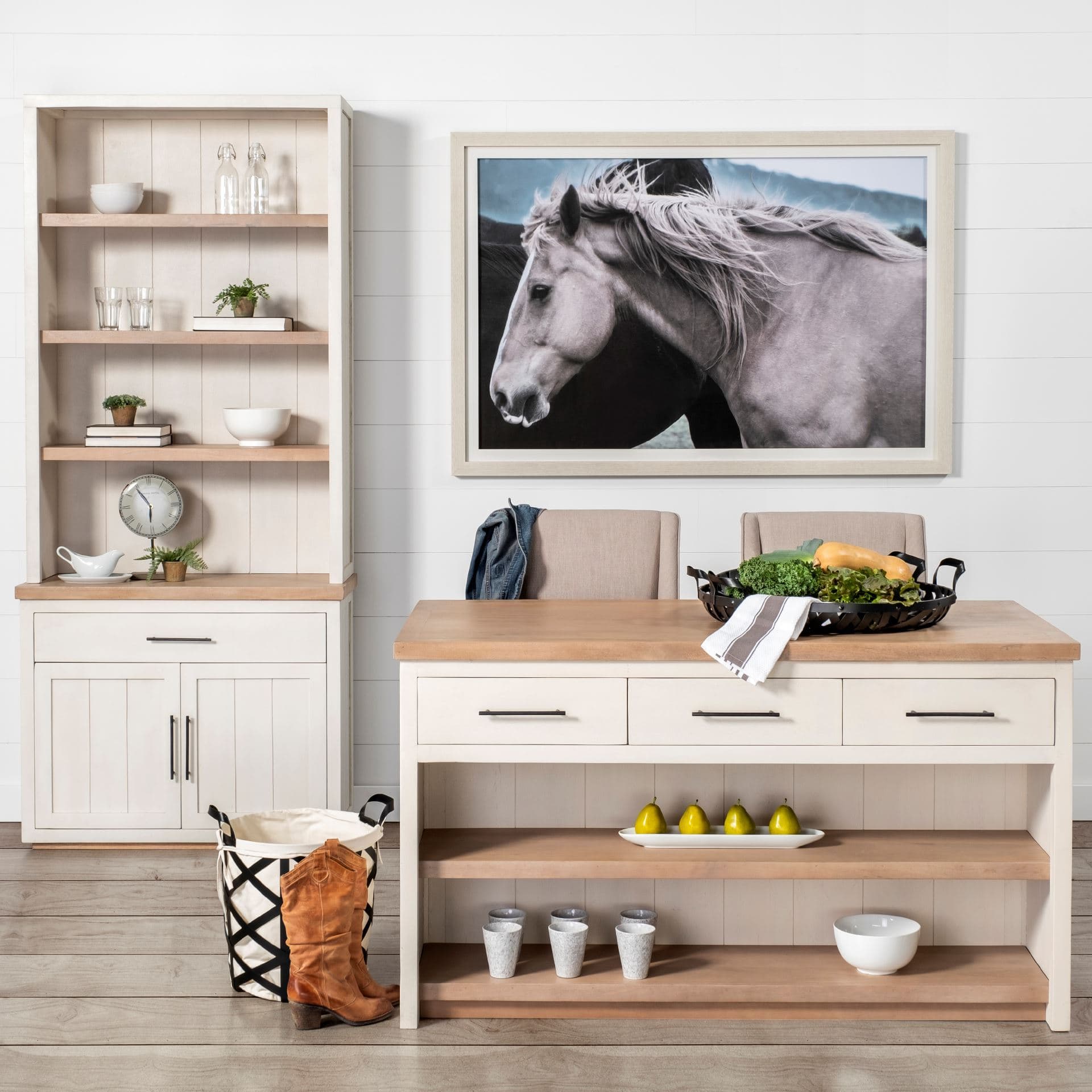 Fairview II White and Brown Two-Tone Stain Solid Wood Kitchen Island — in a styled room