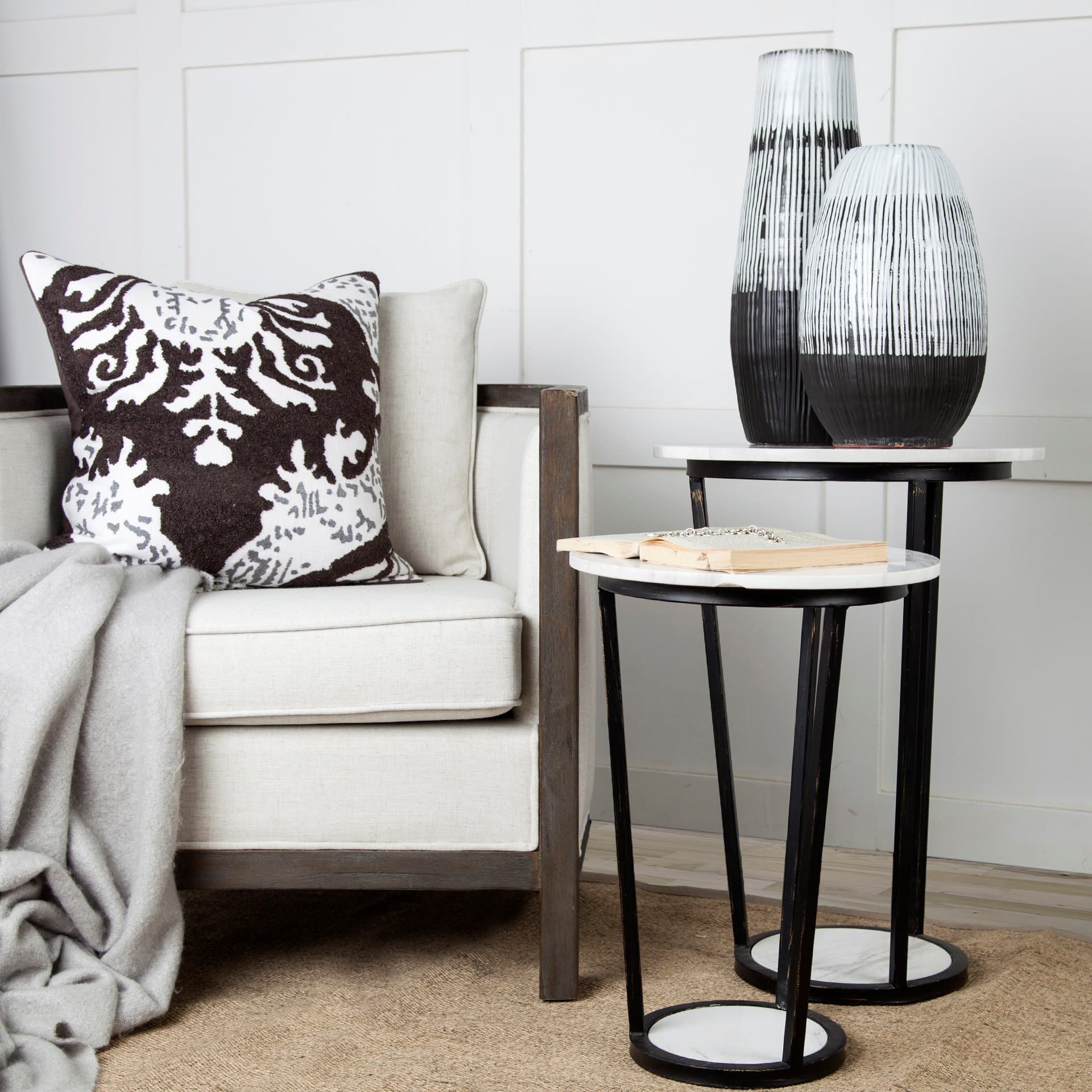 Tanami II Short Dark Brown/White Glazed Ceramic Vase — in a styled room