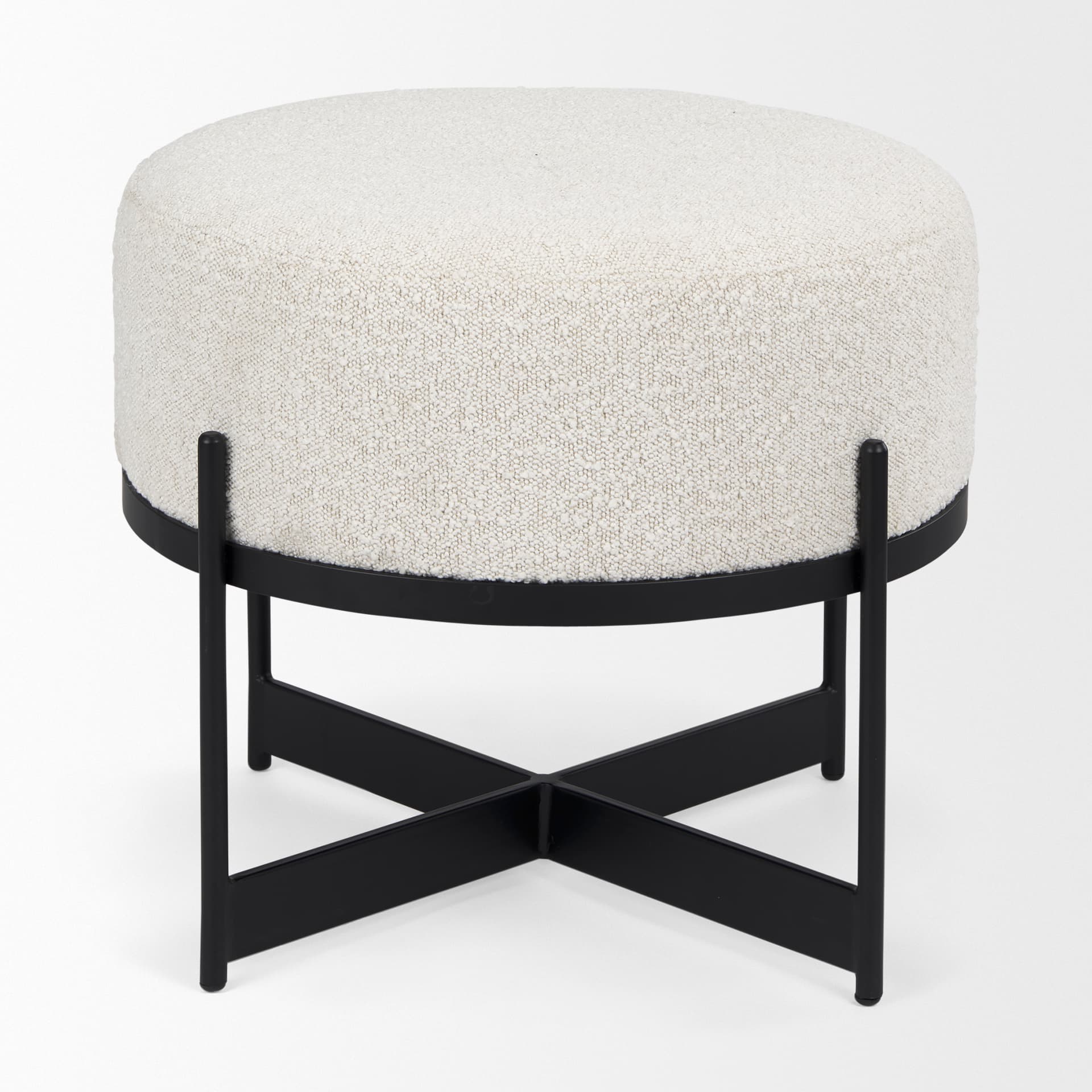 Amelia Cream Boucle W/Black Metal Upholstered Pouf — product photograph