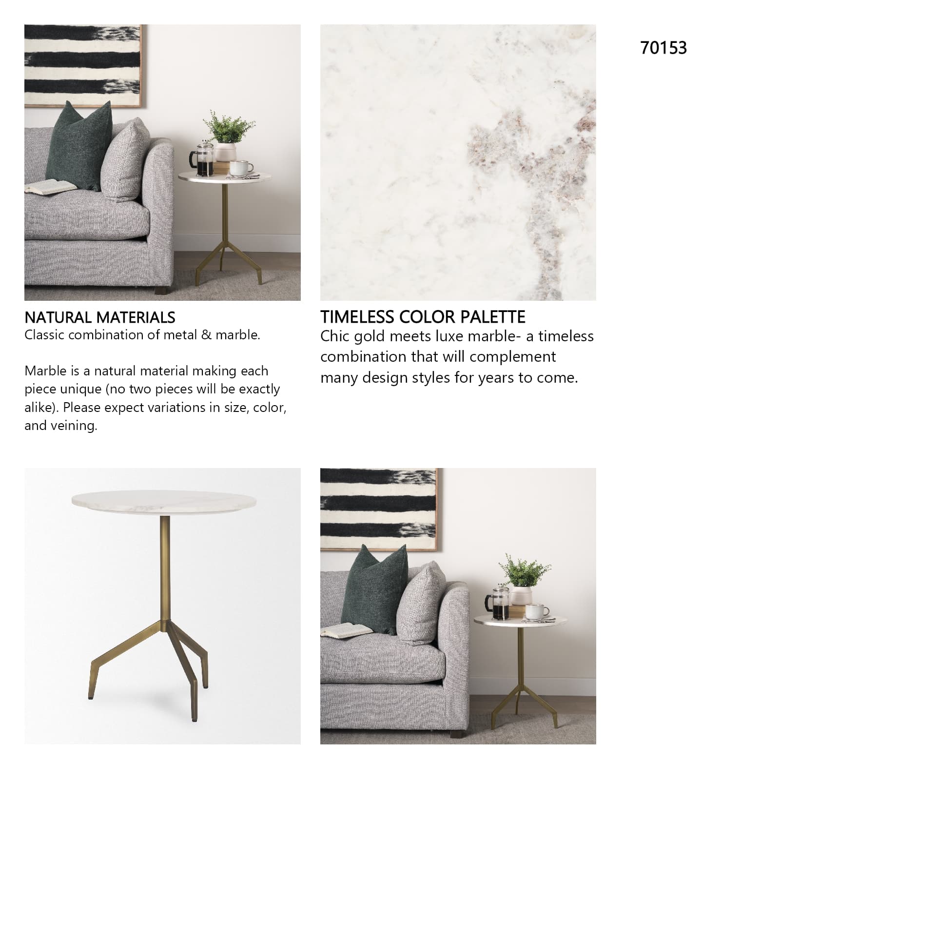 Serre Marble Top 3 Prong Gold Metal Base End Table — in a styled room