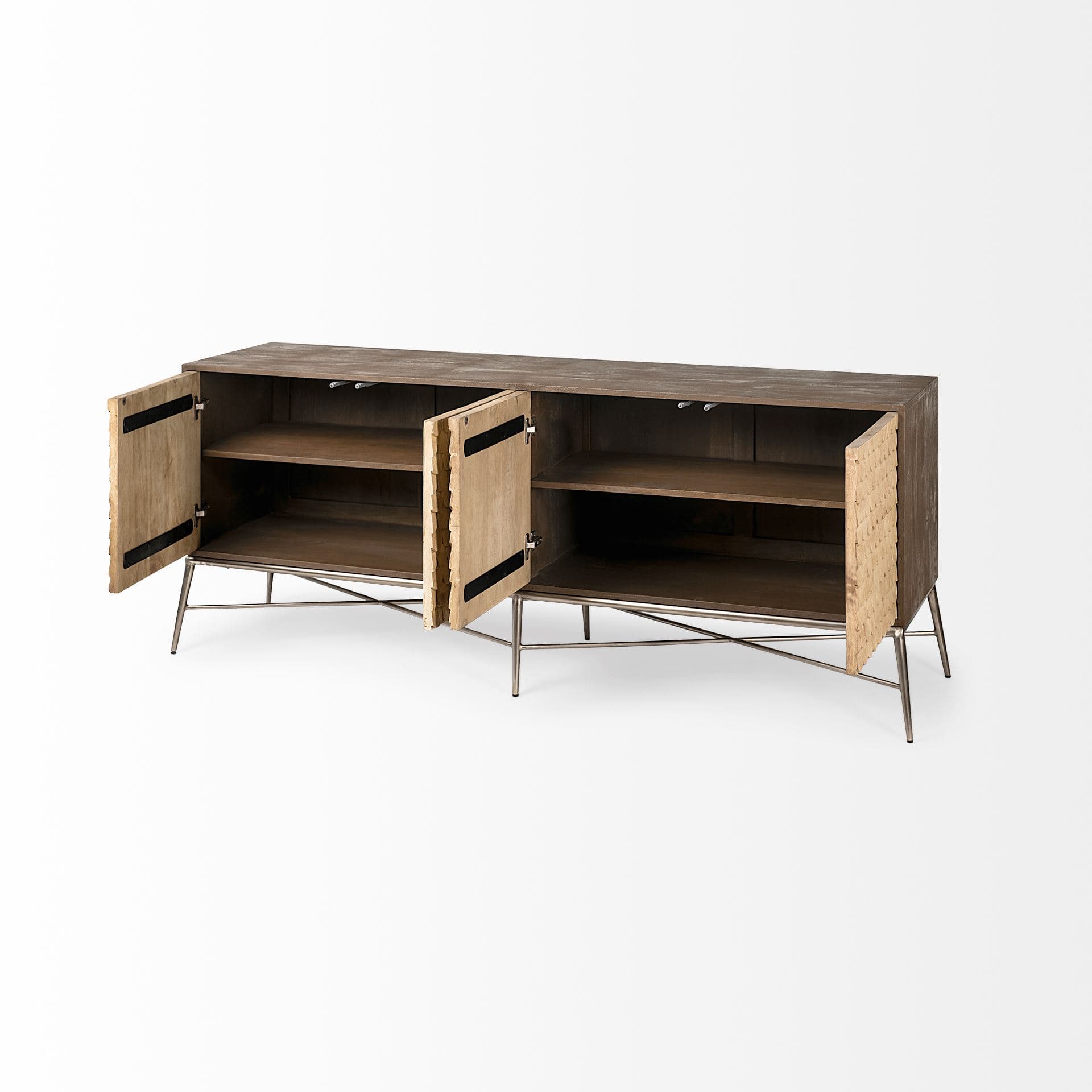 Swordfish 72L x 19W x 30.25H Two-Tone Brown Wood Cabinet Silver Metal Base 4 Cabinet Door Sideboard — product photograph
