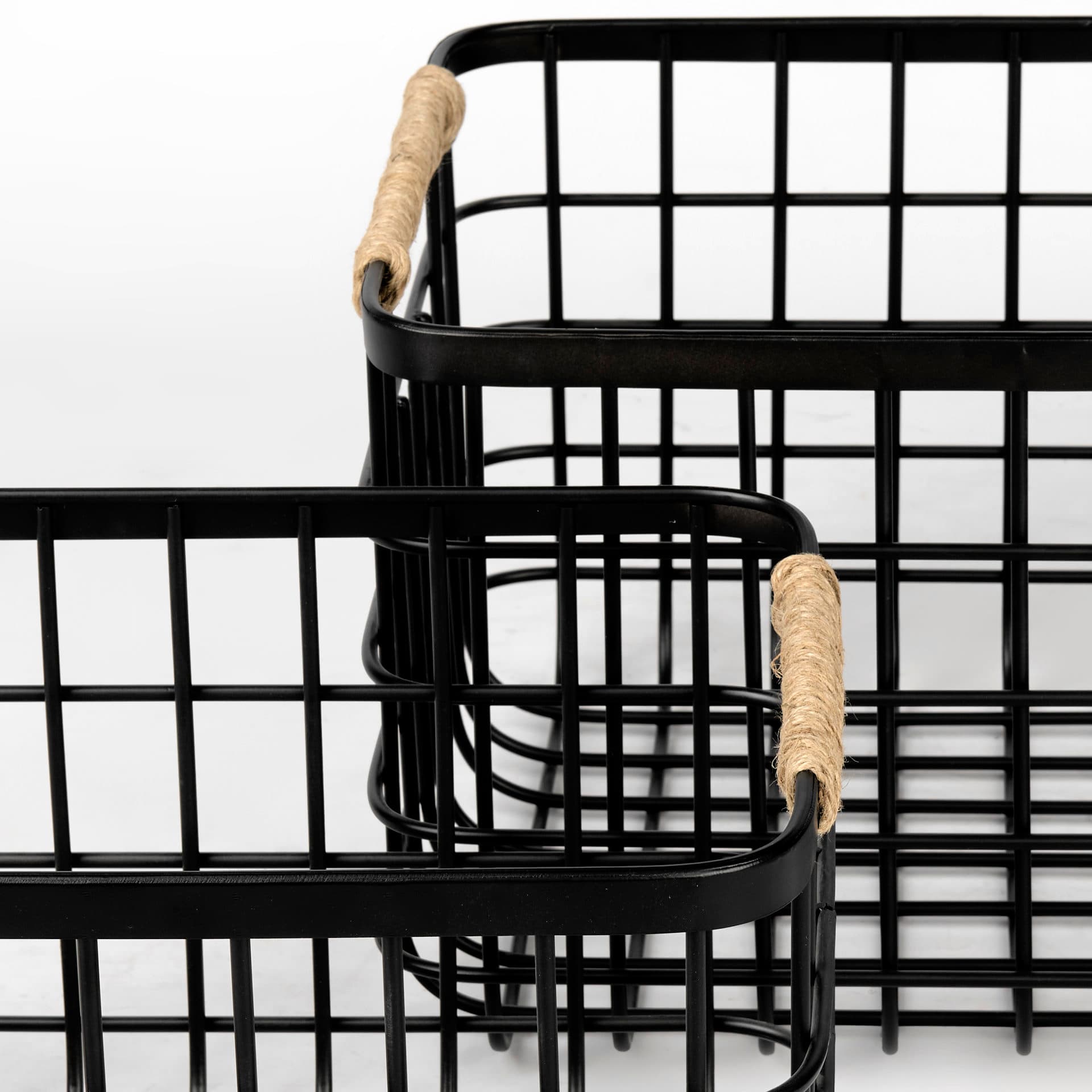 Marius (Set of 2) Matte Black Metal W/ Rope Trim Rectangular Baskets — product photograph