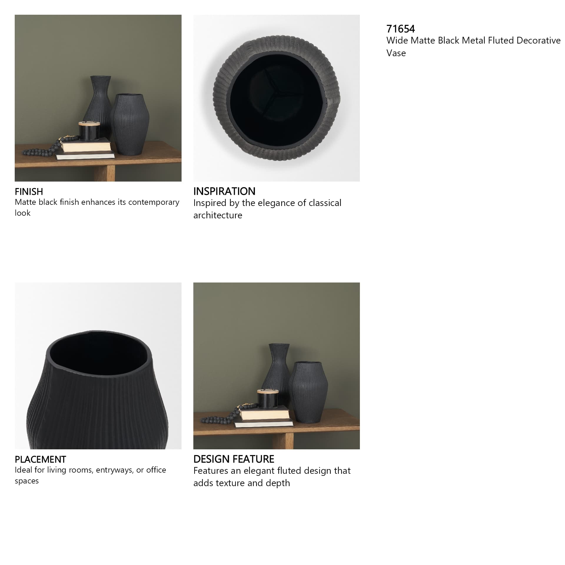 Patine Wide Matte Black Metal Fluted Decorative Vase — in a styled room