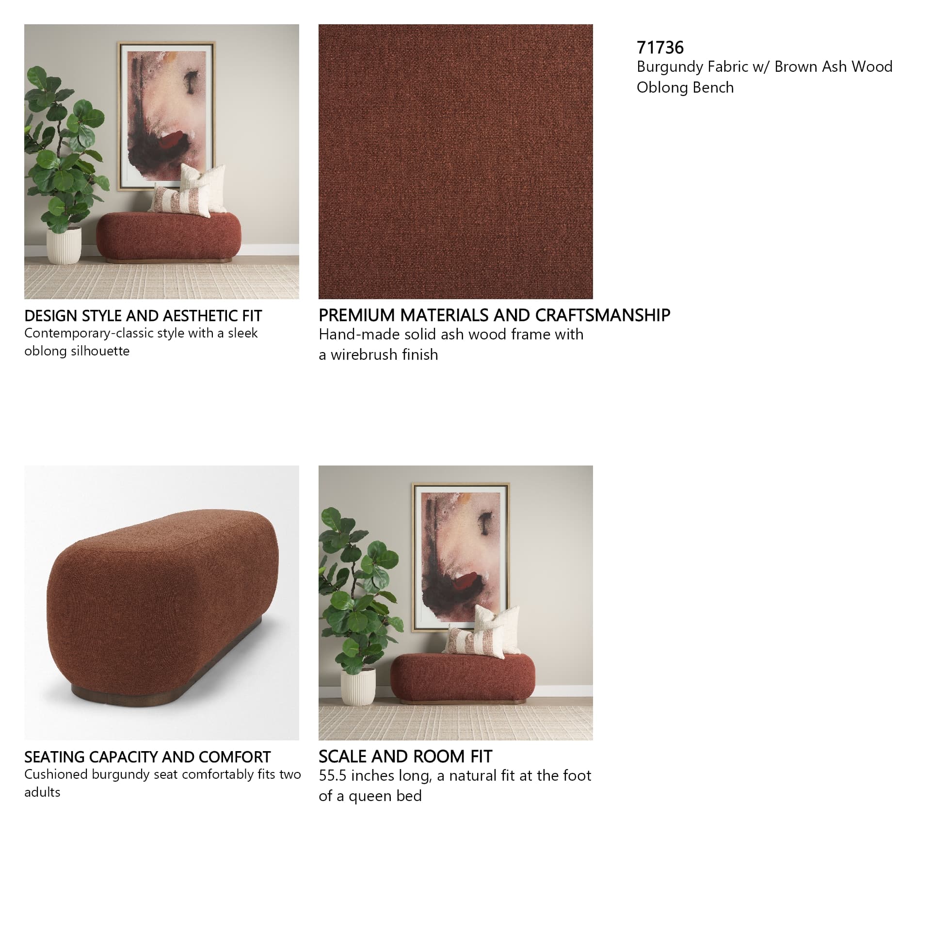 Siren Burgundy Fabric w/ Brown Ash Wood Oblong Bench — product photograph