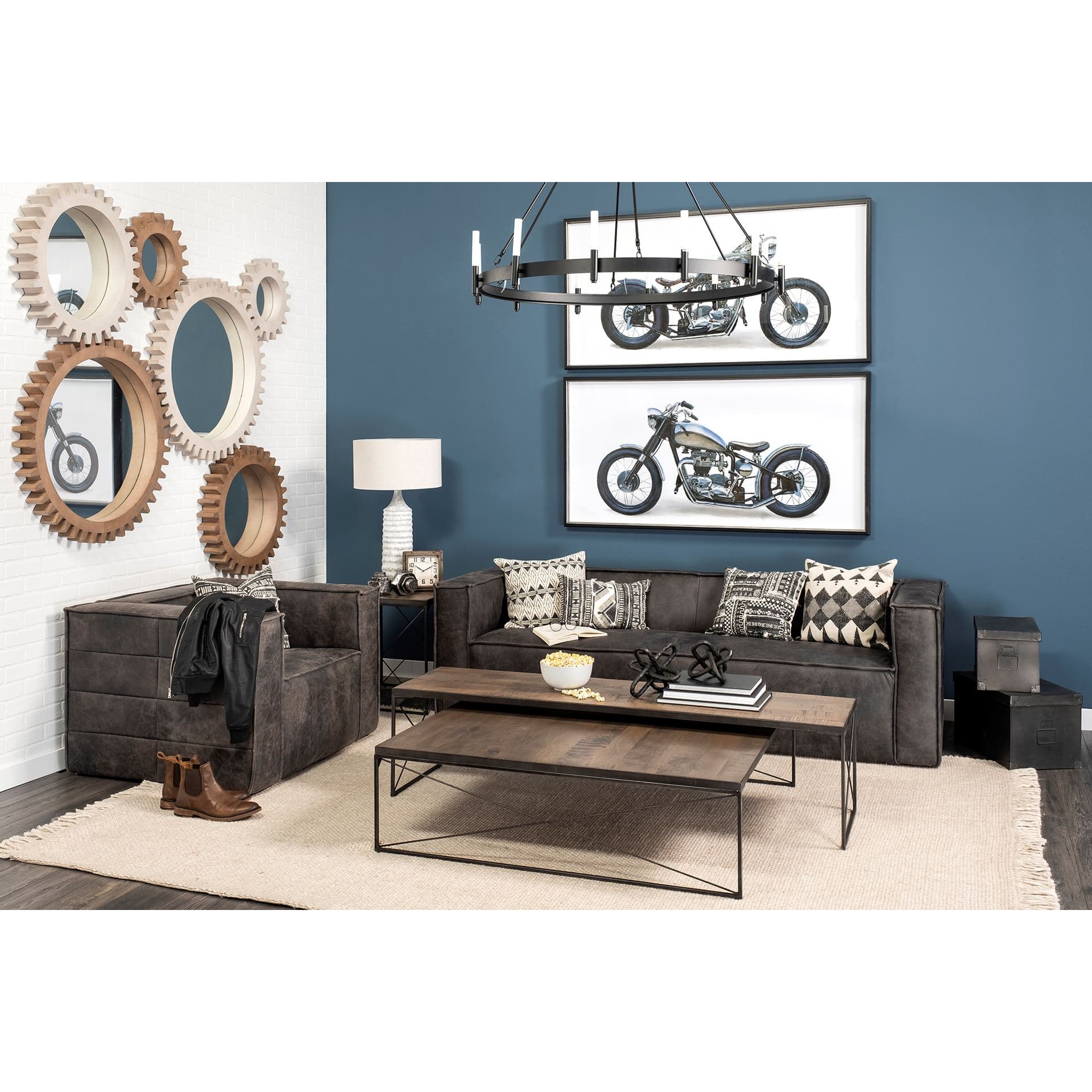 Trestman III 66L x 18W Brown Wood Top W/Black Iron Base Accent Bench — in a styled room