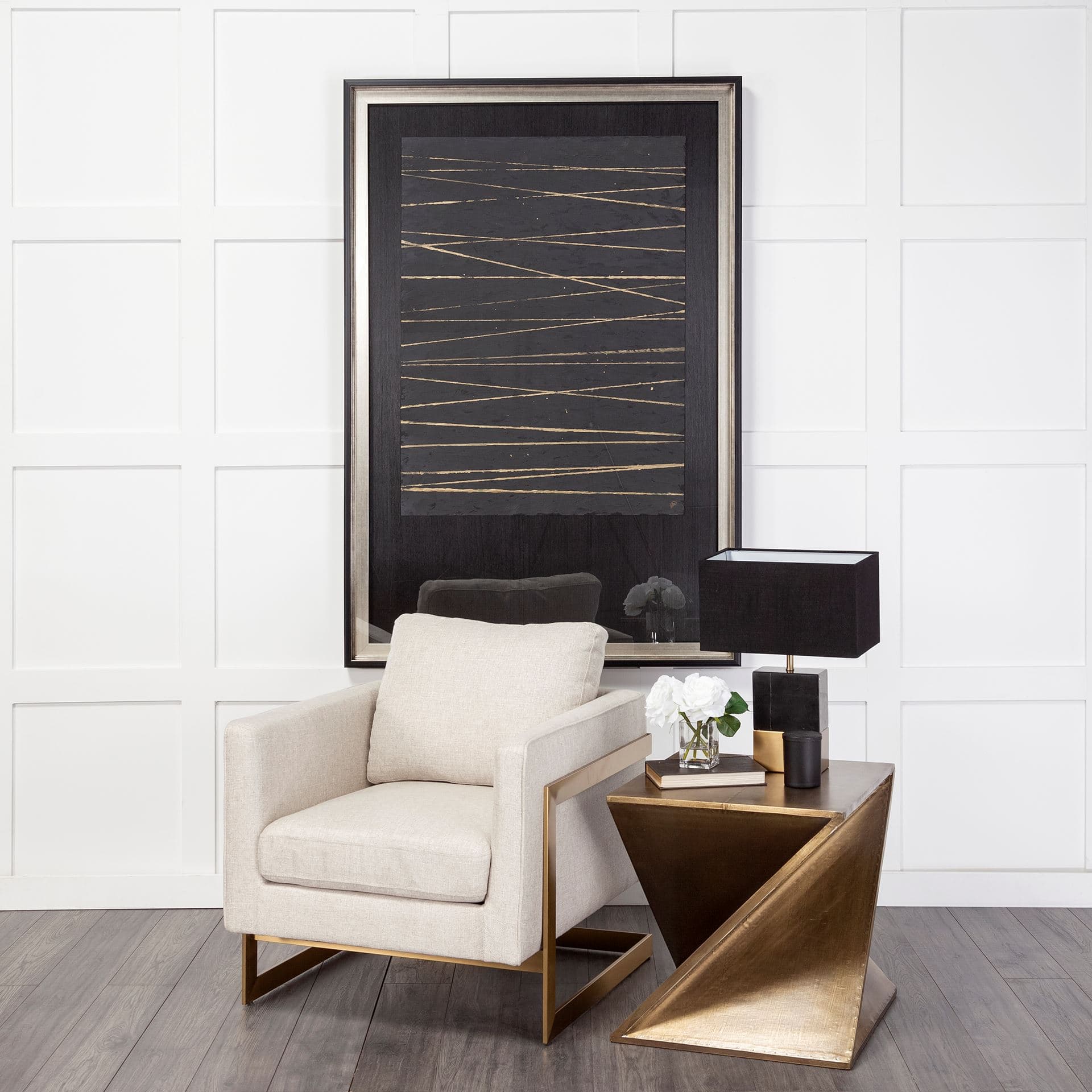 Zelda 20L x 20W Gold Metal-Cladded Z-Shaped Wooden Accent Table — in a styled room