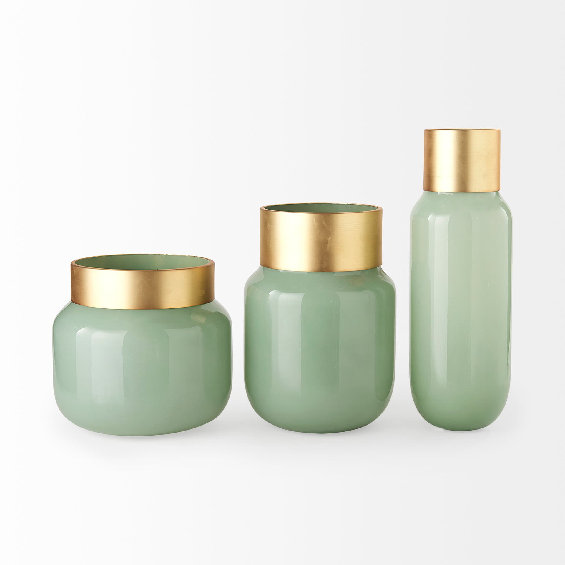 Minty Medium 8.7L x 8.7W x 12.4H Green Glass Vase W/Matte Gold Metal Neck Cuff — product photograph