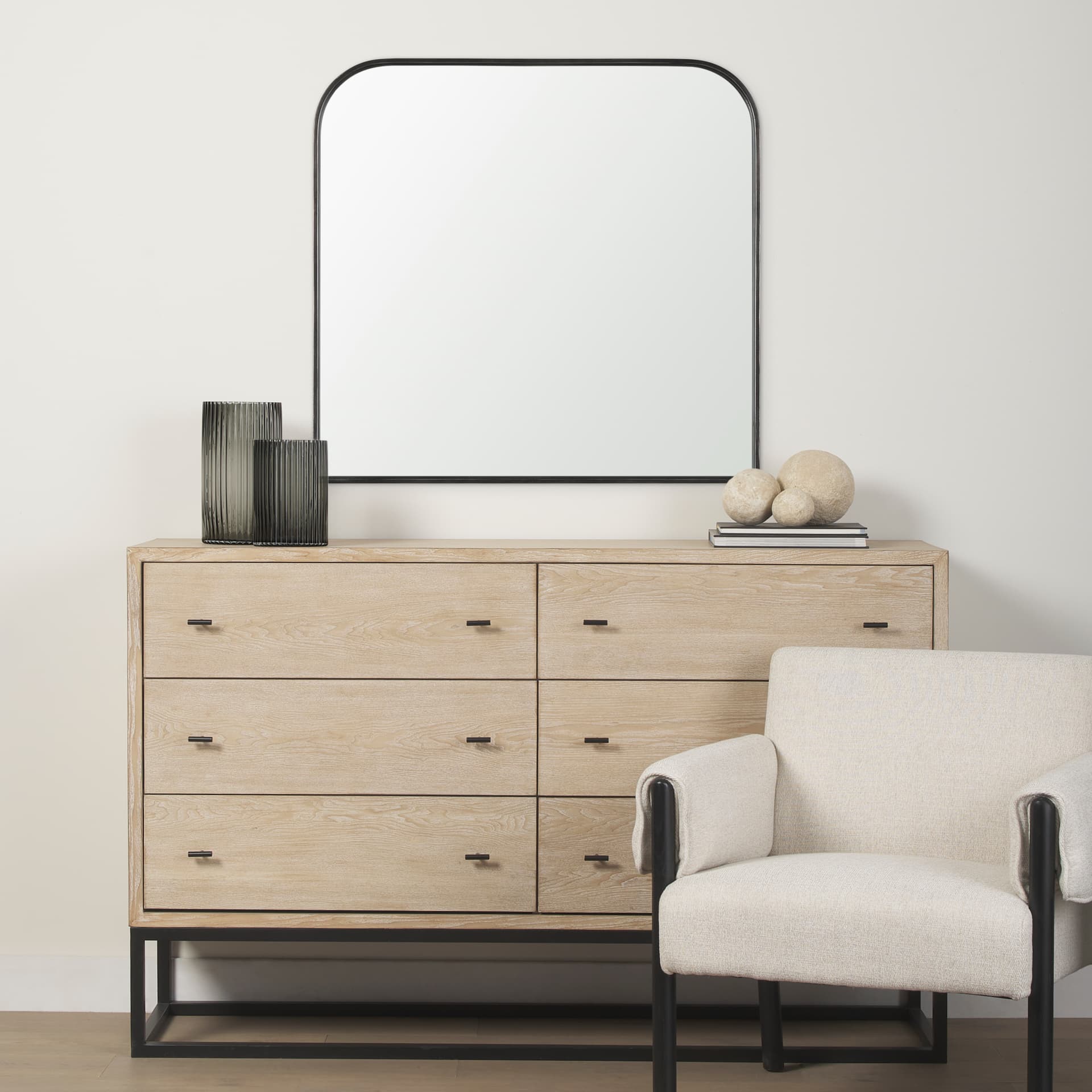 Timon Brushed Black Metal Frame Square Arched Mirror — in a styled room