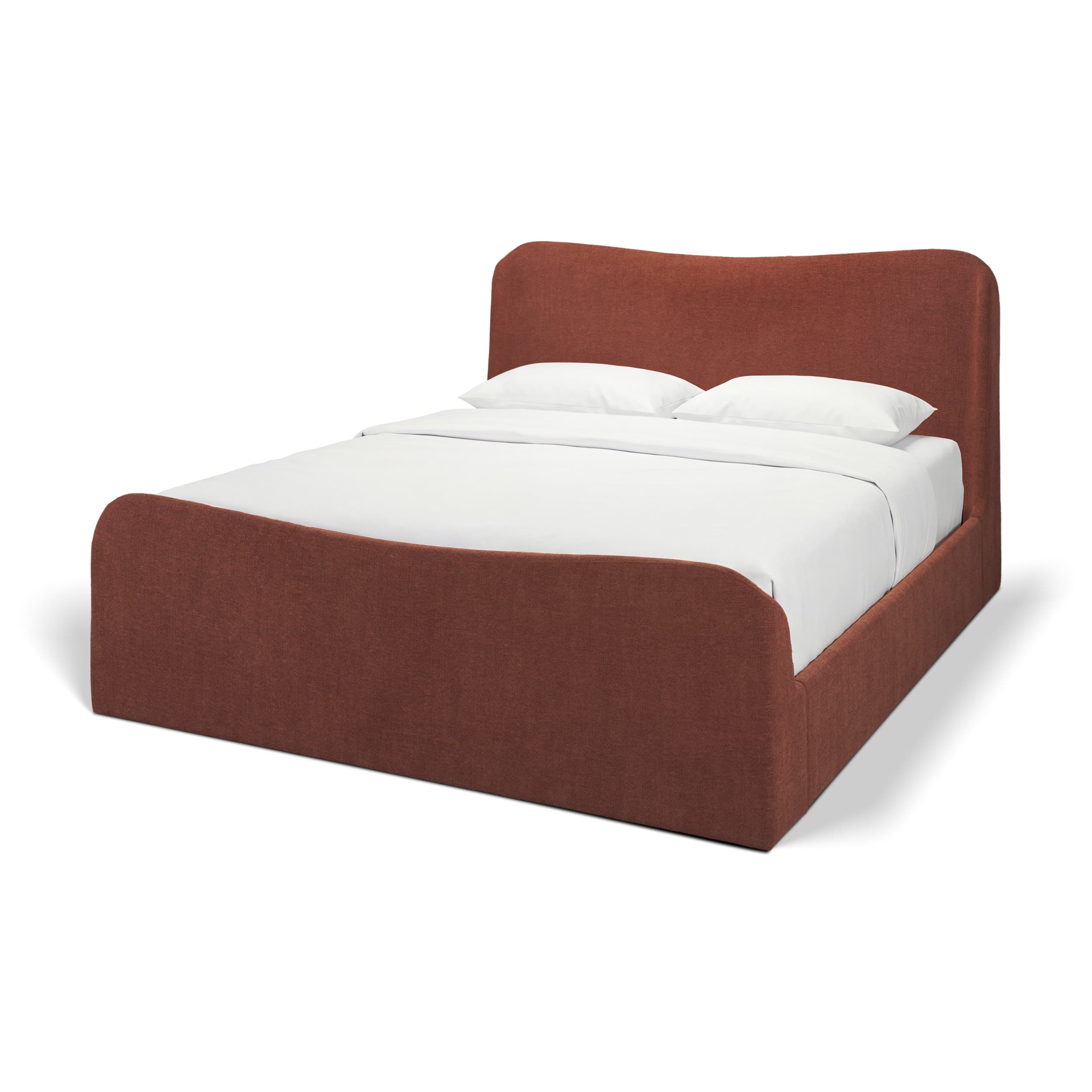 Solene King Upholstered Bedframe w/ Footbed | Curved Headboard | Burgundy Fabric — product photograph