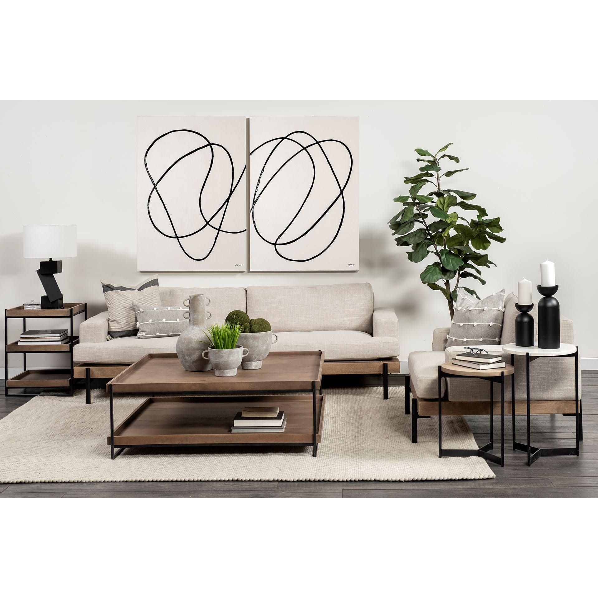 Larkin II Marble and Medium Brown Wood Round Tabletop Nesting End/Side Tables — product photograph