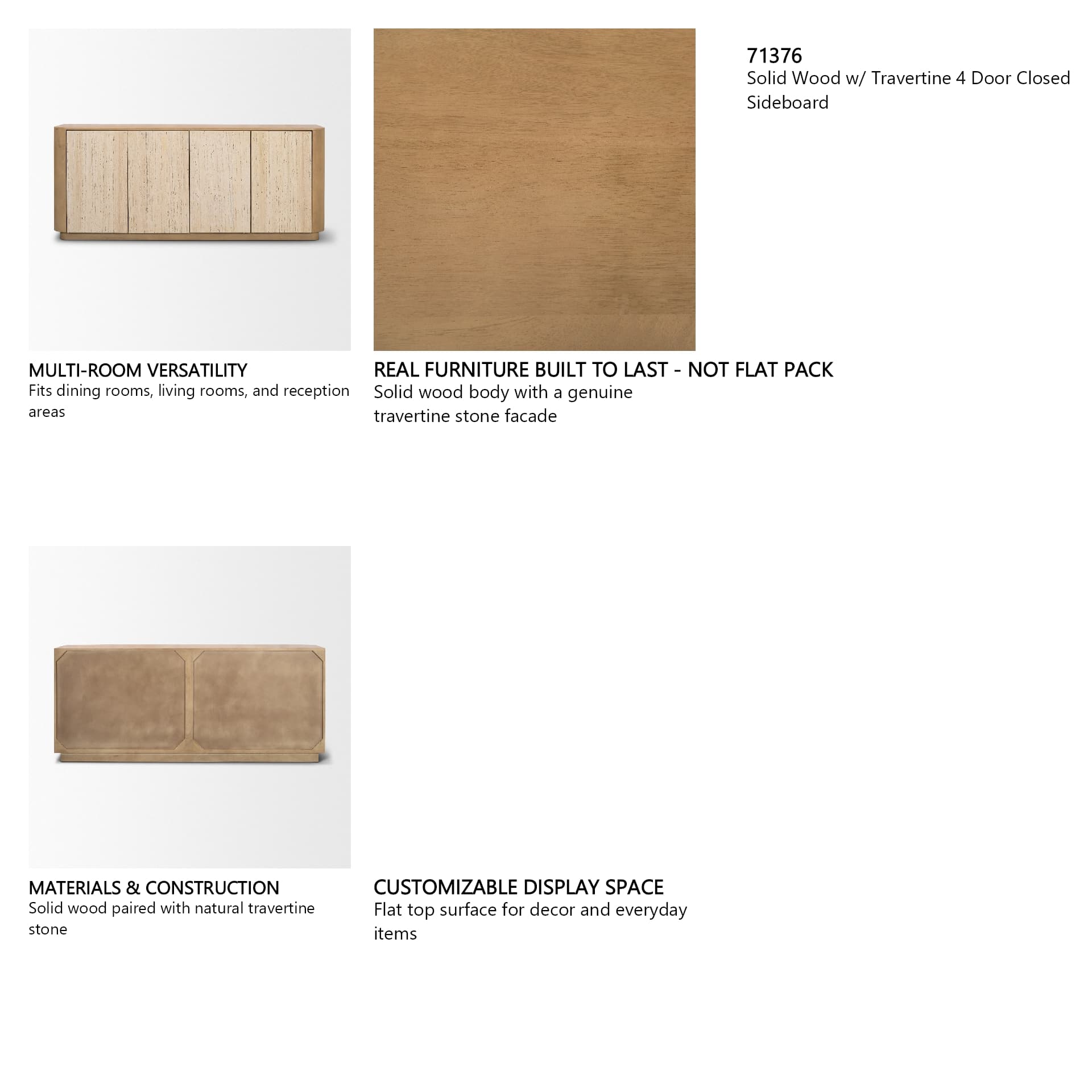 Serrin Solid Wood w/ Travertine 4 Door Closed Sideboard — in a styled room