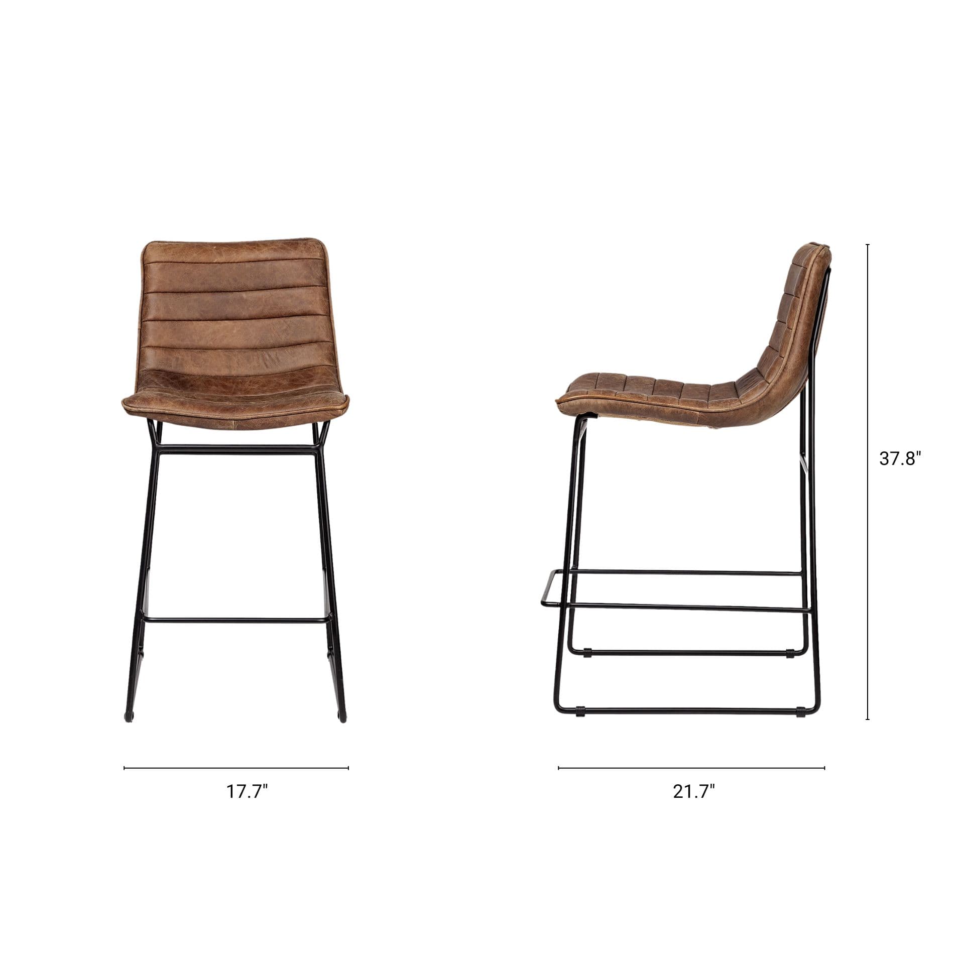 Meritt Low Back 37.8in Seat Counter Stool | Brown Leather w/ Metal — product photograph