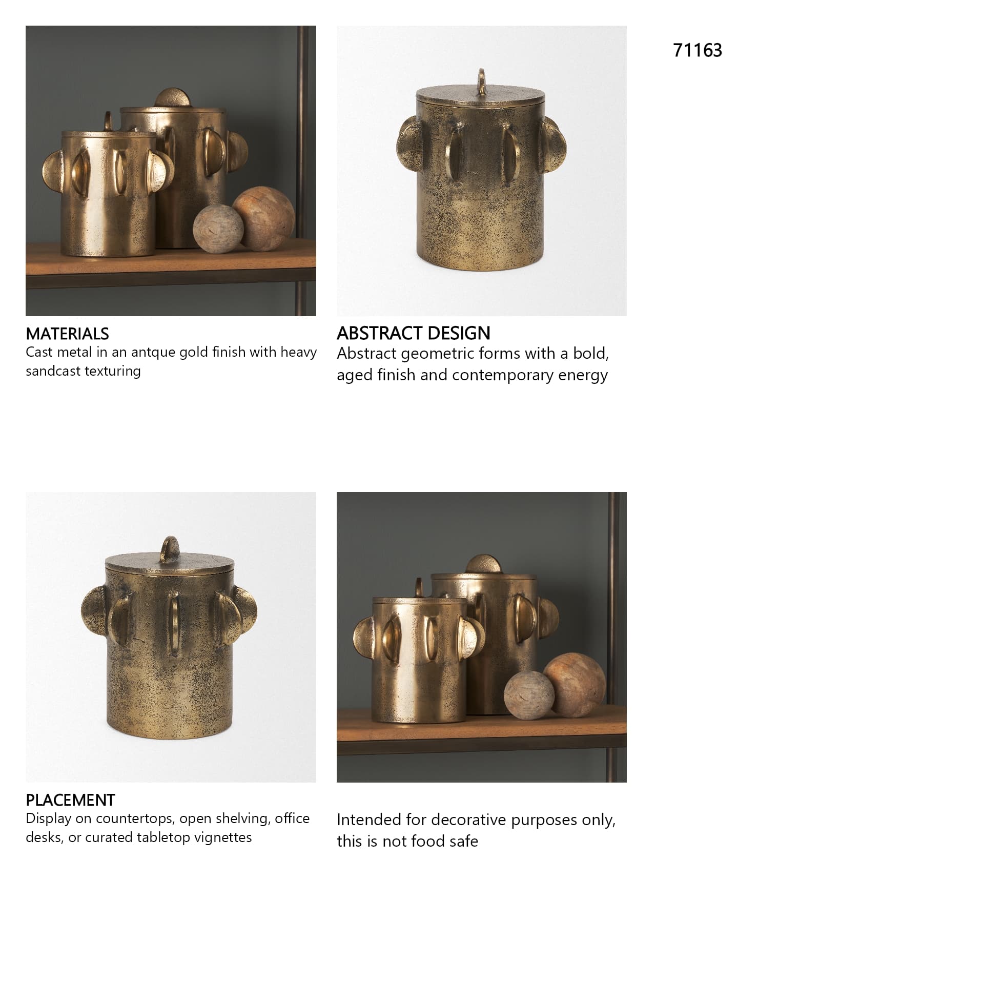 Deacon Large Antiqued Gold Metal Canister with Sculptural Handles — in a styled room