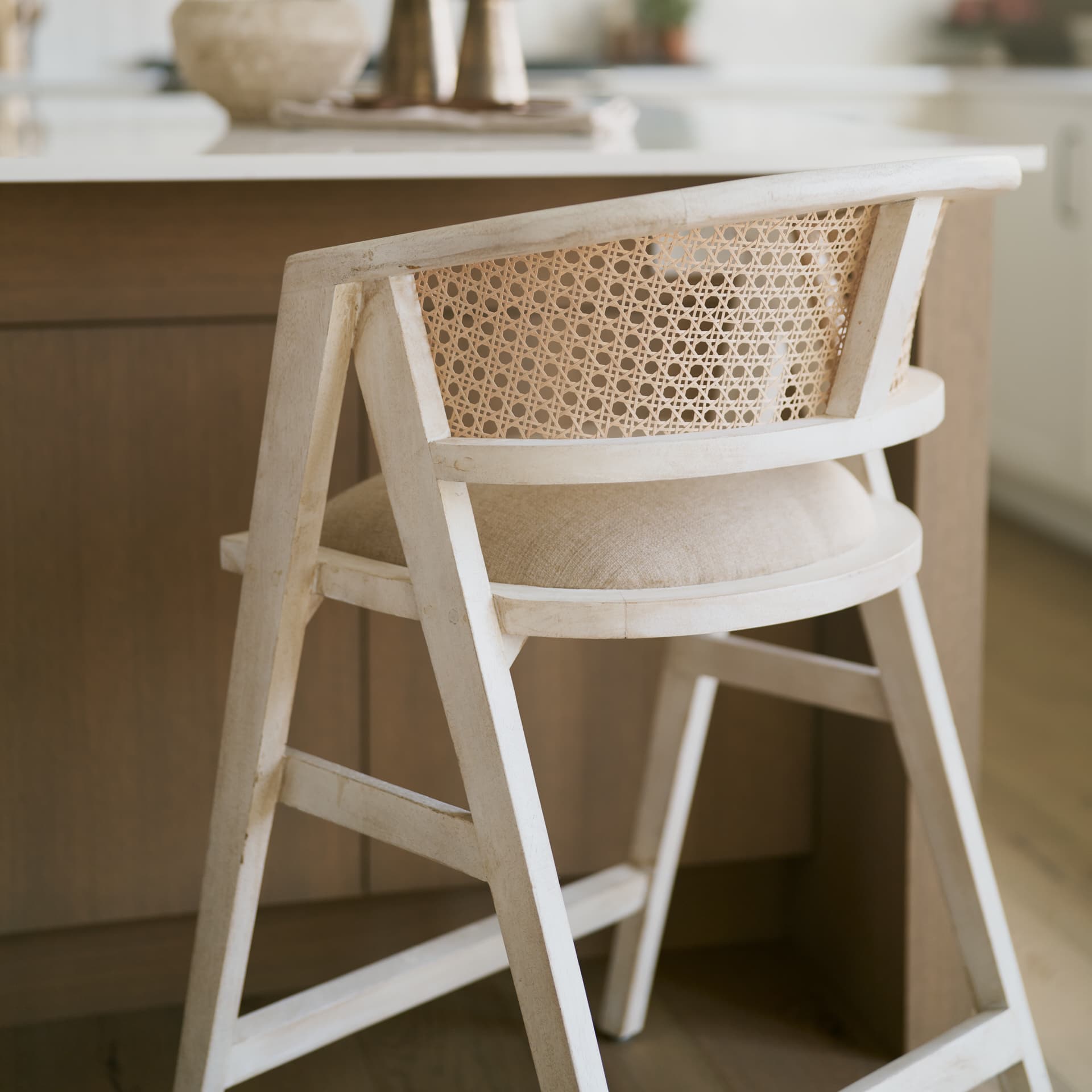 Tabitha Low Back 26.75in Seat Counter Stool | Beige Fabric w/ Wood — product photograph