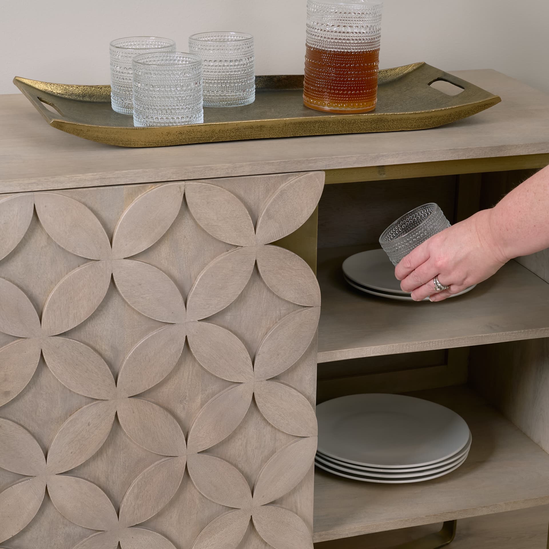 Excelsior 36.0L x 18.0W x 32.5H Light Brown Wood Gold Iron Base Accent Cabinet — product photograph