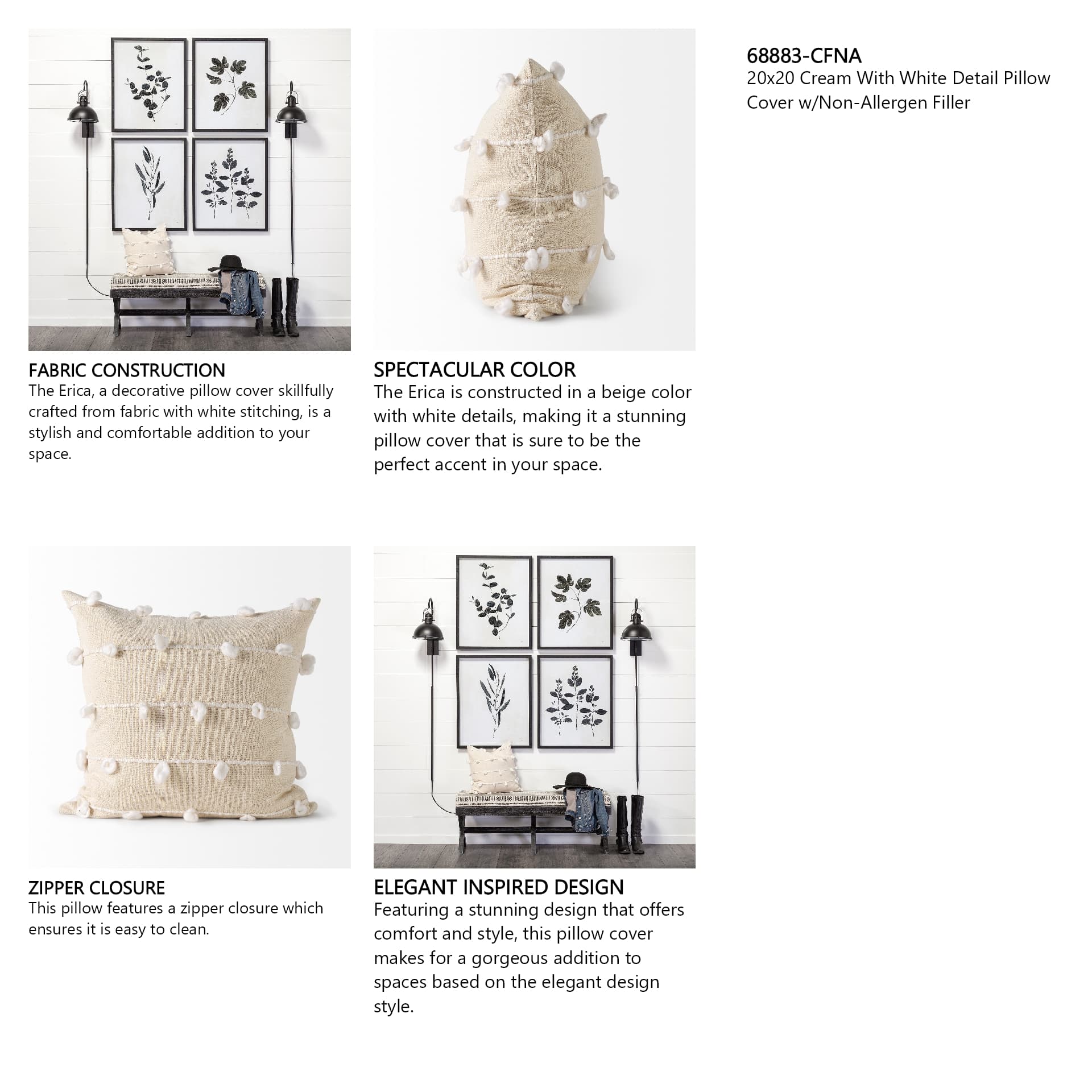 Erica 20x20 Cream With White Detail Pillow Cover w/Non-Allergen Filler — in a styled room