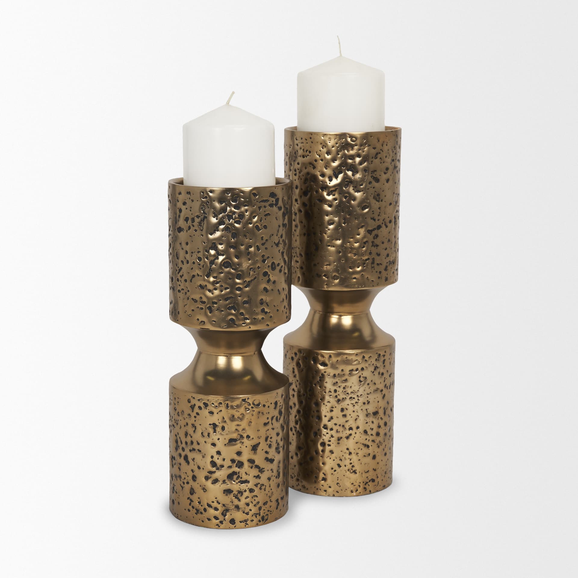 Akira Small Hammered Gold Metal Pillar Candle Holder — product photograph