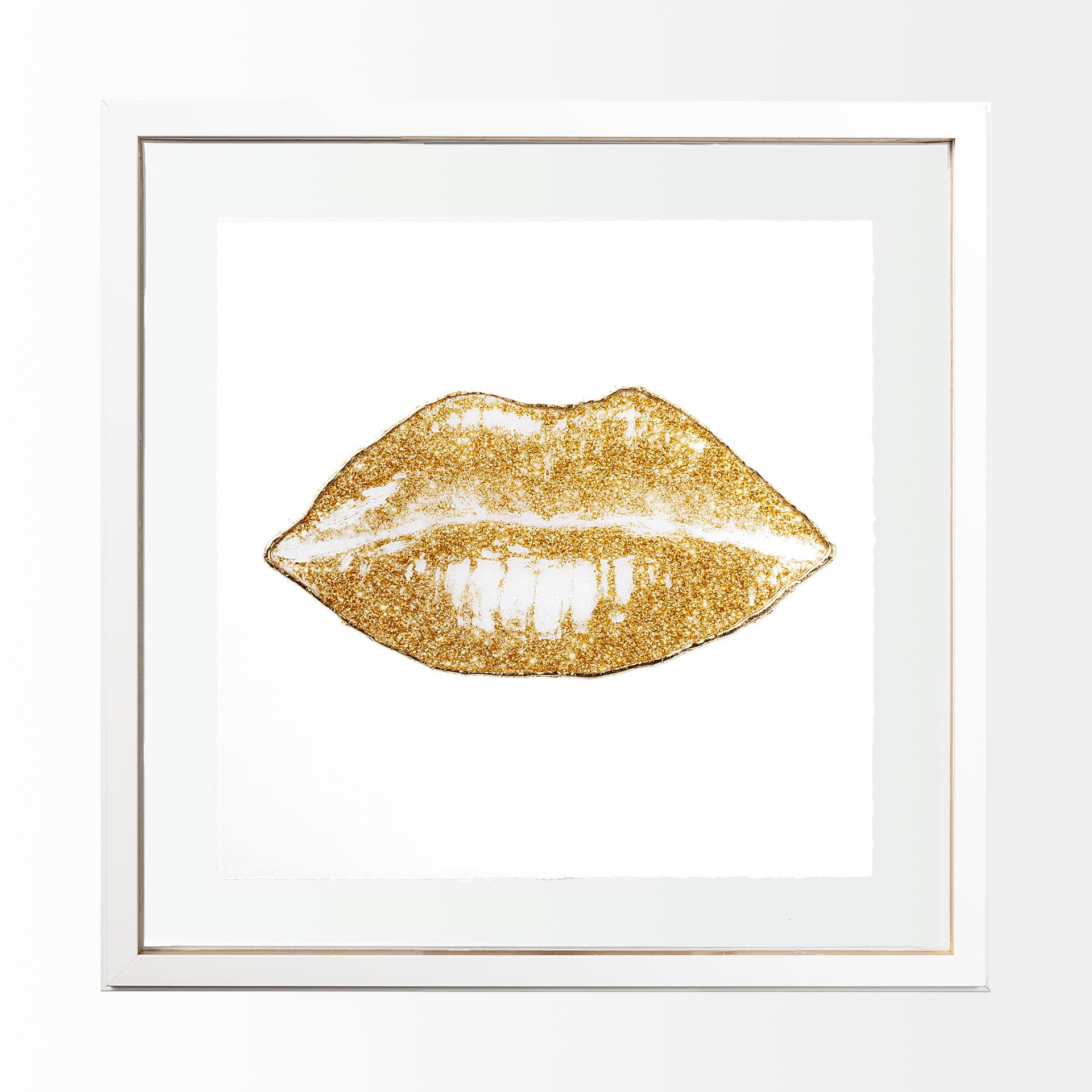 Glitter Lips II Gold by Victoria Barnes Hand Embellished Textured Framed Art Print Matted under Glas — product photograph