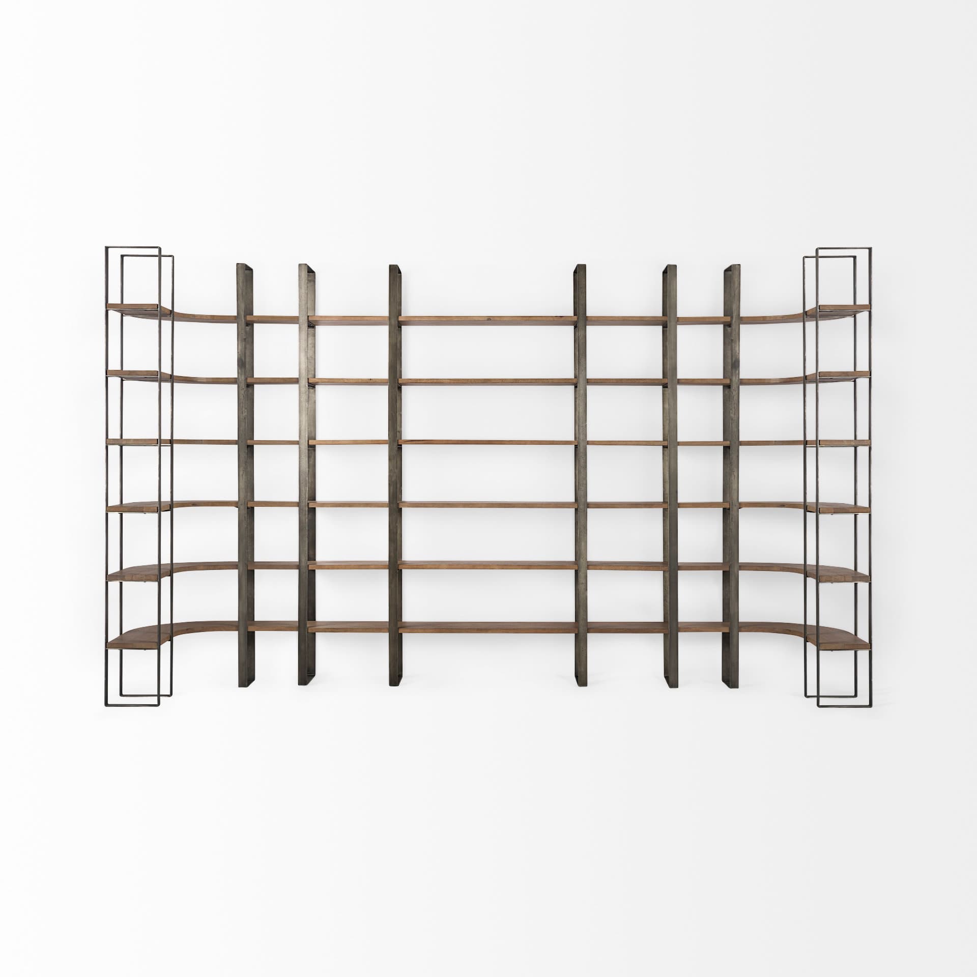 Taunton 80L x 10.5W x 90H Medium Brown Wood W/ Antique Nickel Metal Frame 6 Tier Shelving Unit — product photograph