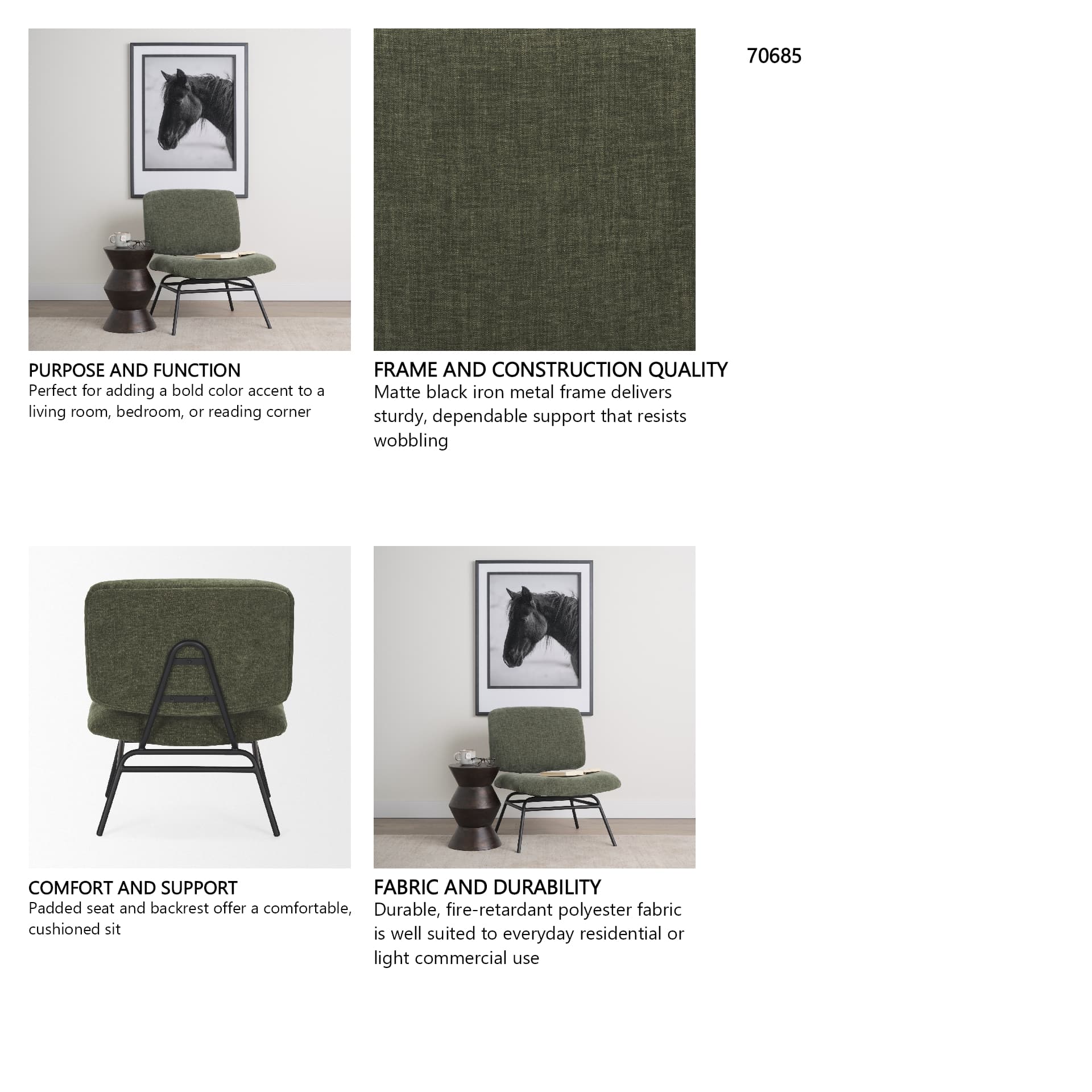 Nora Forest Green Fabric w/ Matte Black Metal Legs Accent Chair — in a styled room