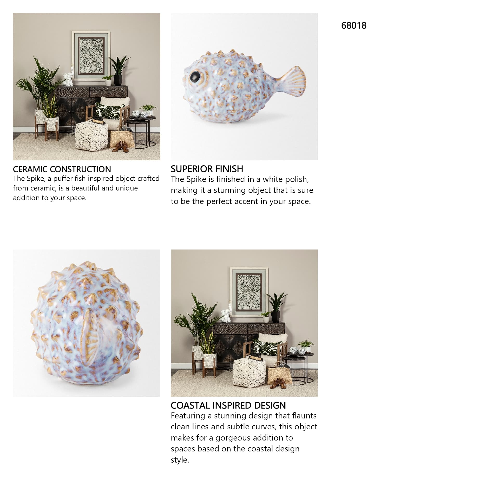 Spike I (Small) 8L x 4W Off-White Ceramic Puffer Fish — in a styled room