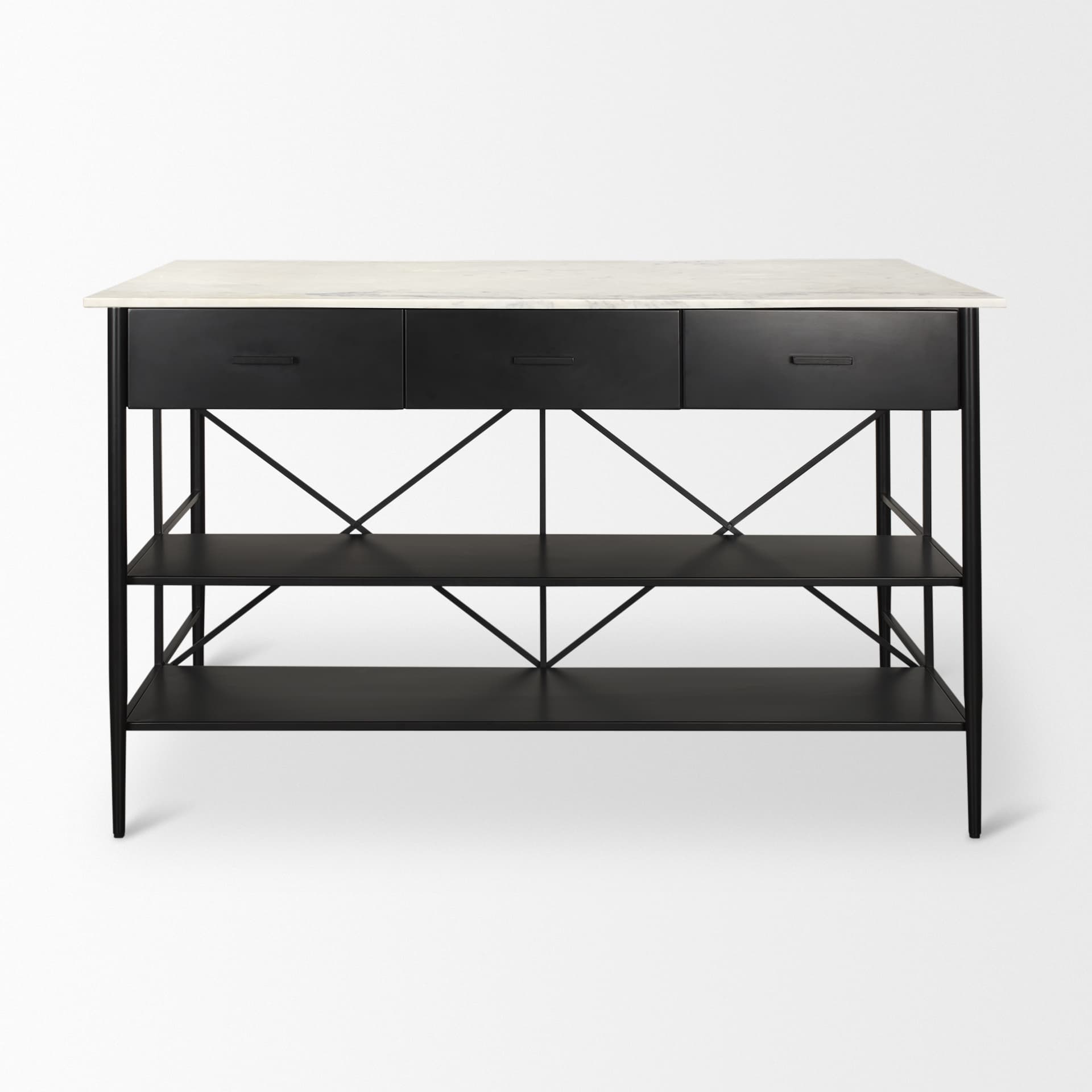 Amika White Marble Top Black Metal Base Kitchen Island — product photograph