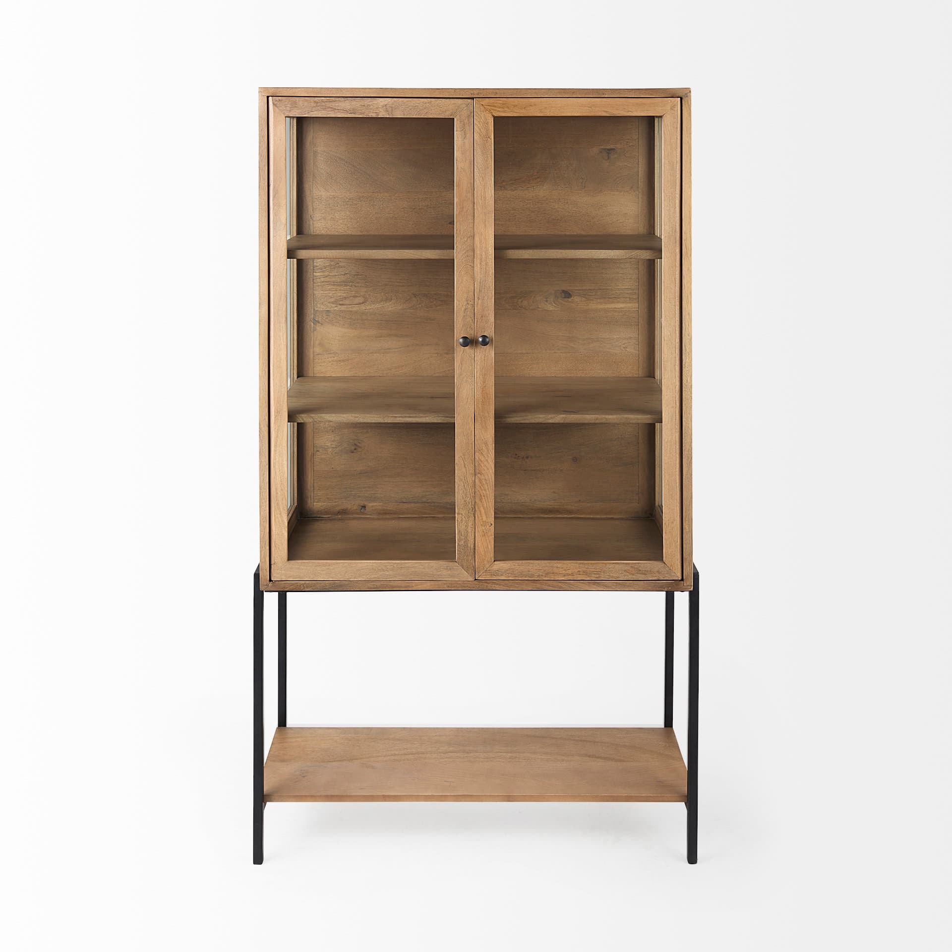 Arelius 36L x 18.75W x 63H Light Brown Wood W/ Black Metal Base Display Cabinet — product photograph