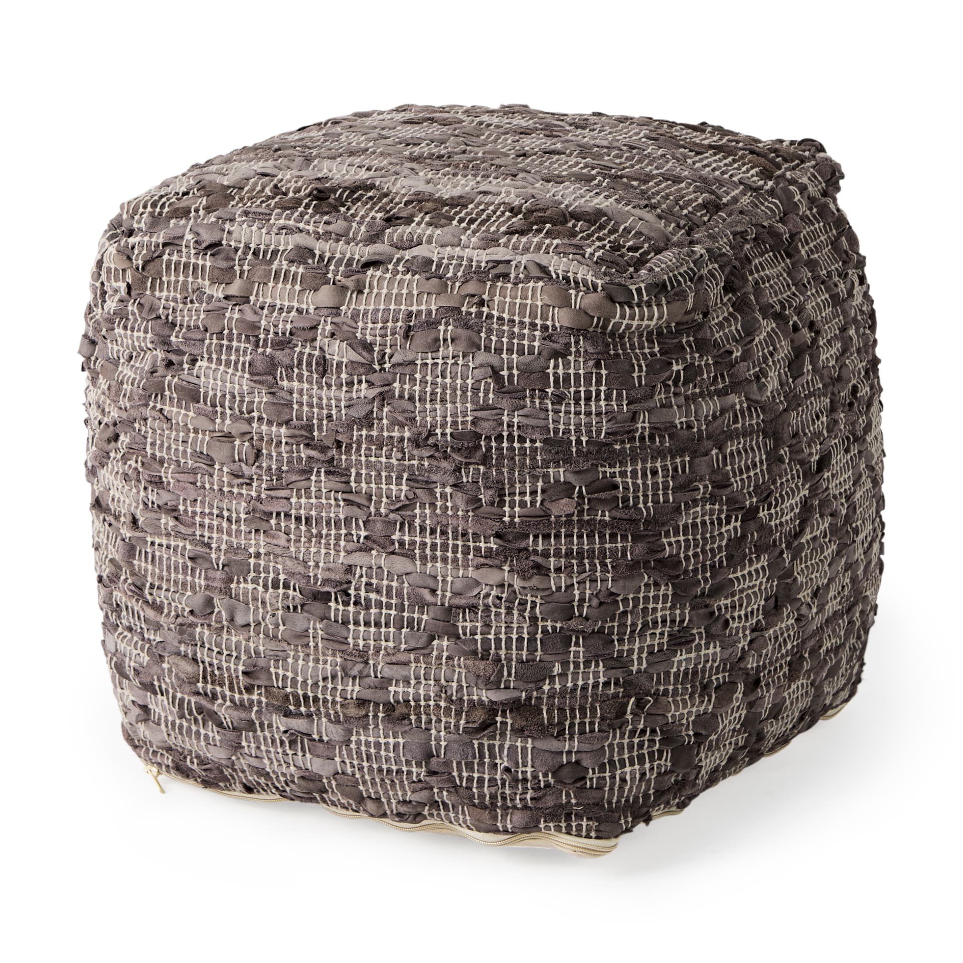Falguni 16.0L x 16.0W x 16.0H Gray Leather and Cotton Patterned Pouf — product photograph