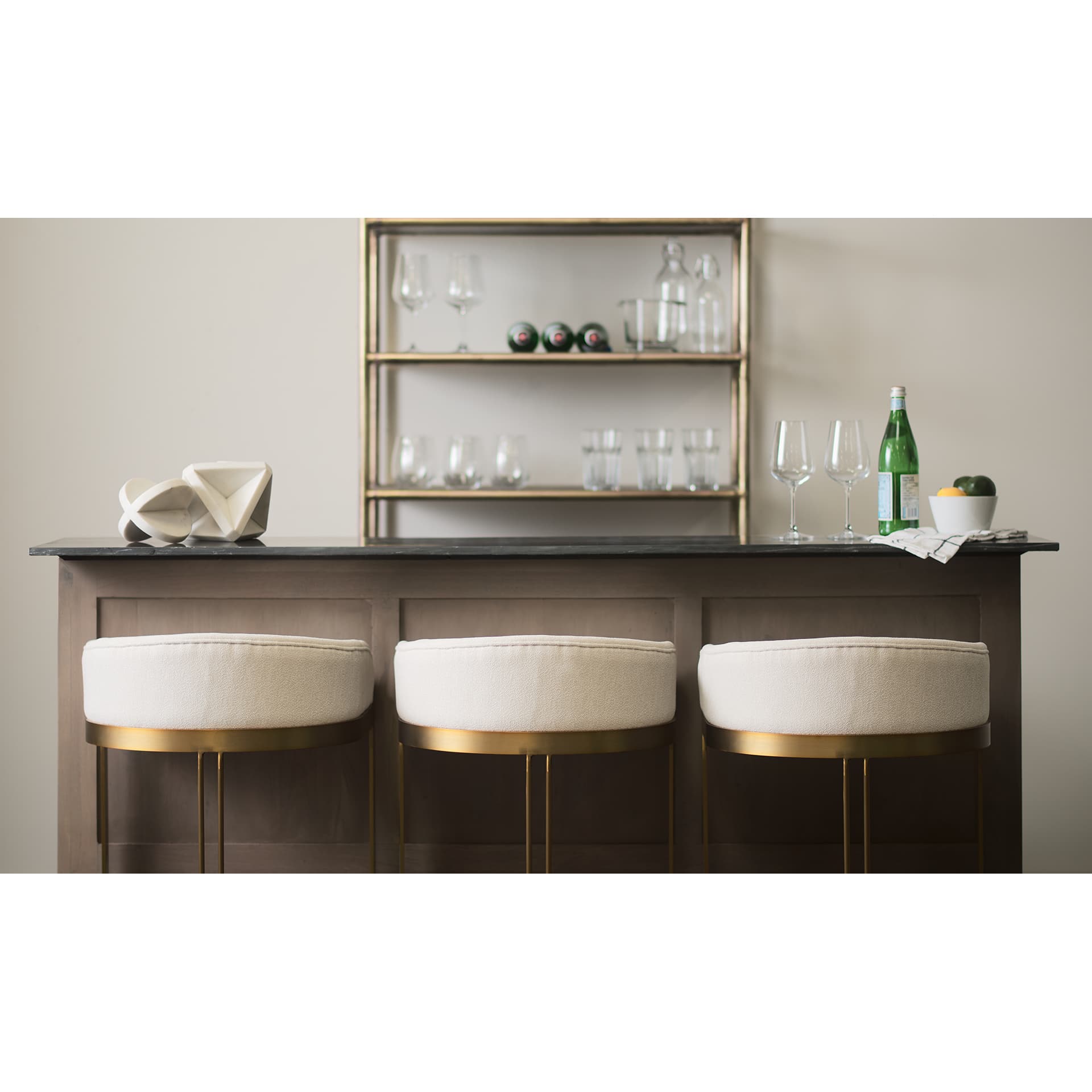 Hollyfield Low Back 28.75in Seat Bar Stool | Cream Fabric w/ Metal — in a styled room