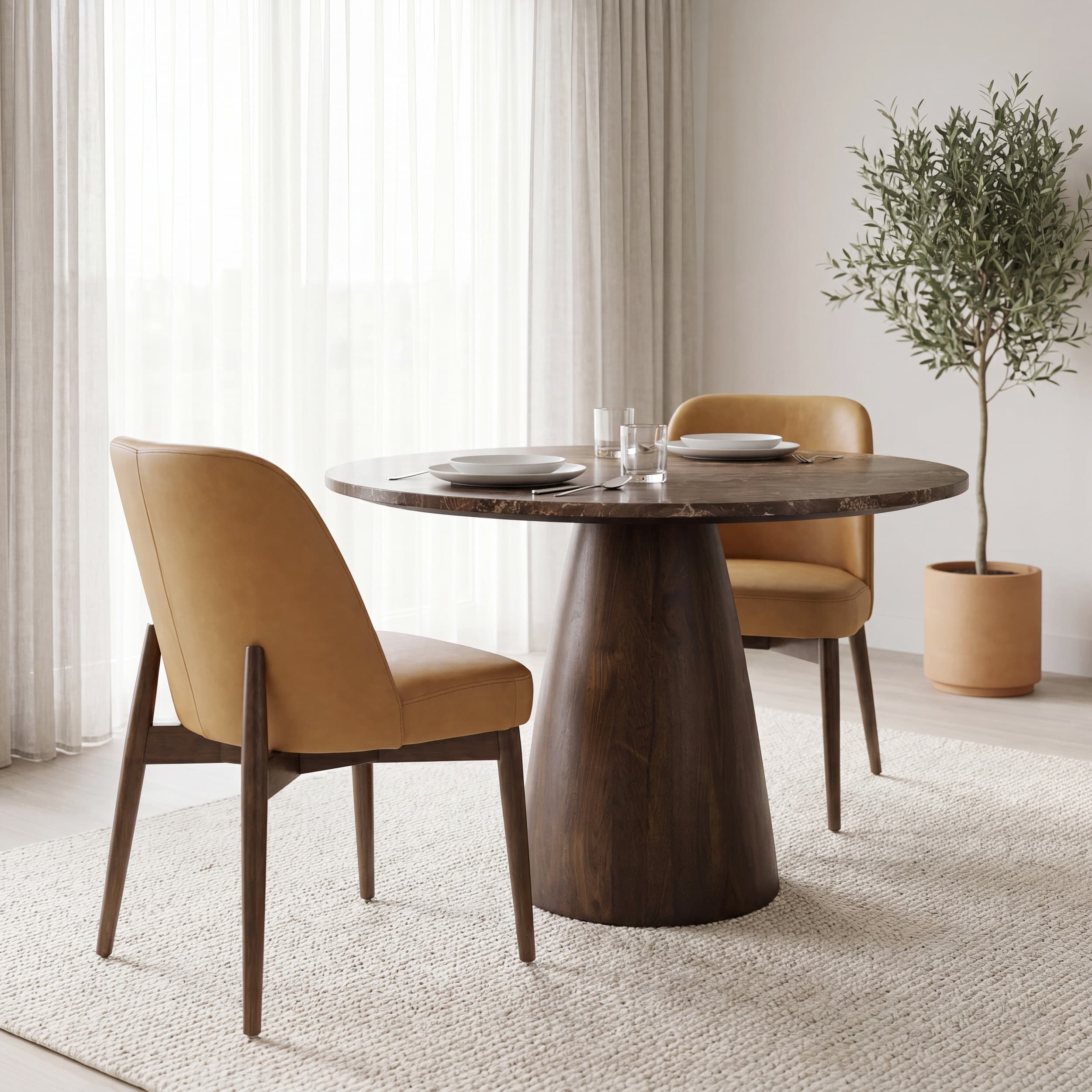 Abbie Curved Back Dining Side Chair | Tan Leather w/ Brown Wood — product photograph