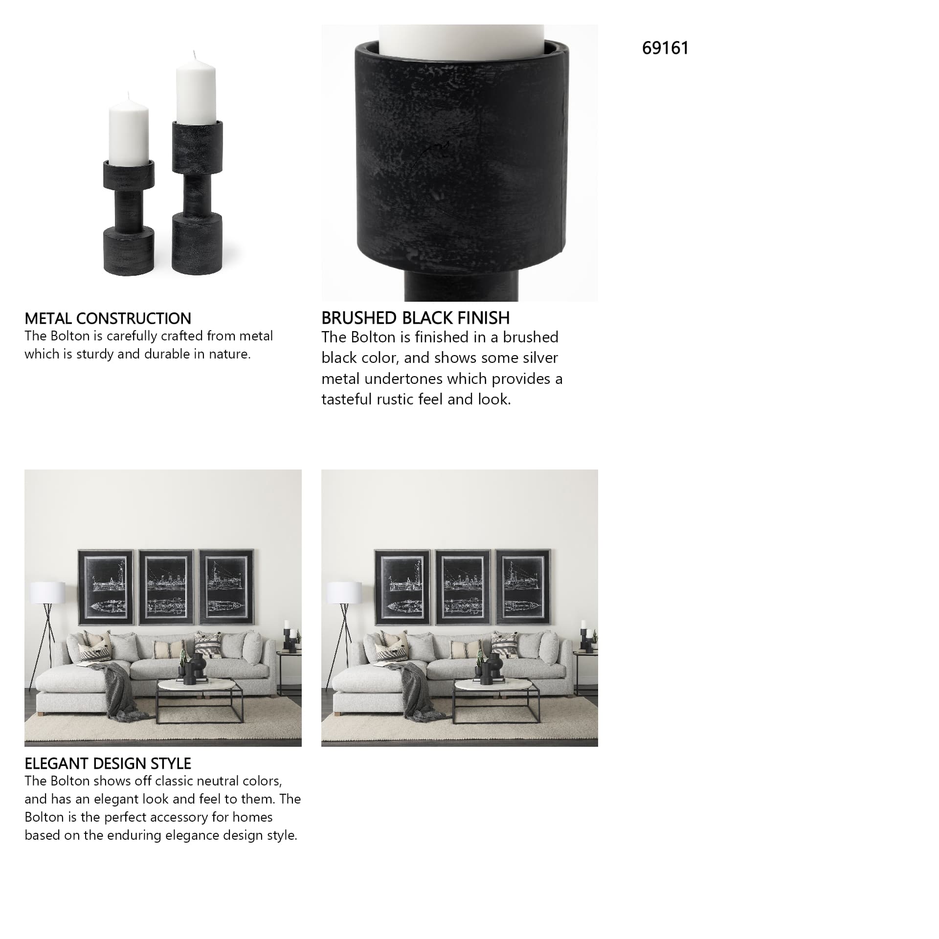 Bolton I 3.9L x 3.9W x 10.6H Black Metal Table Candle Holders — in a styled room