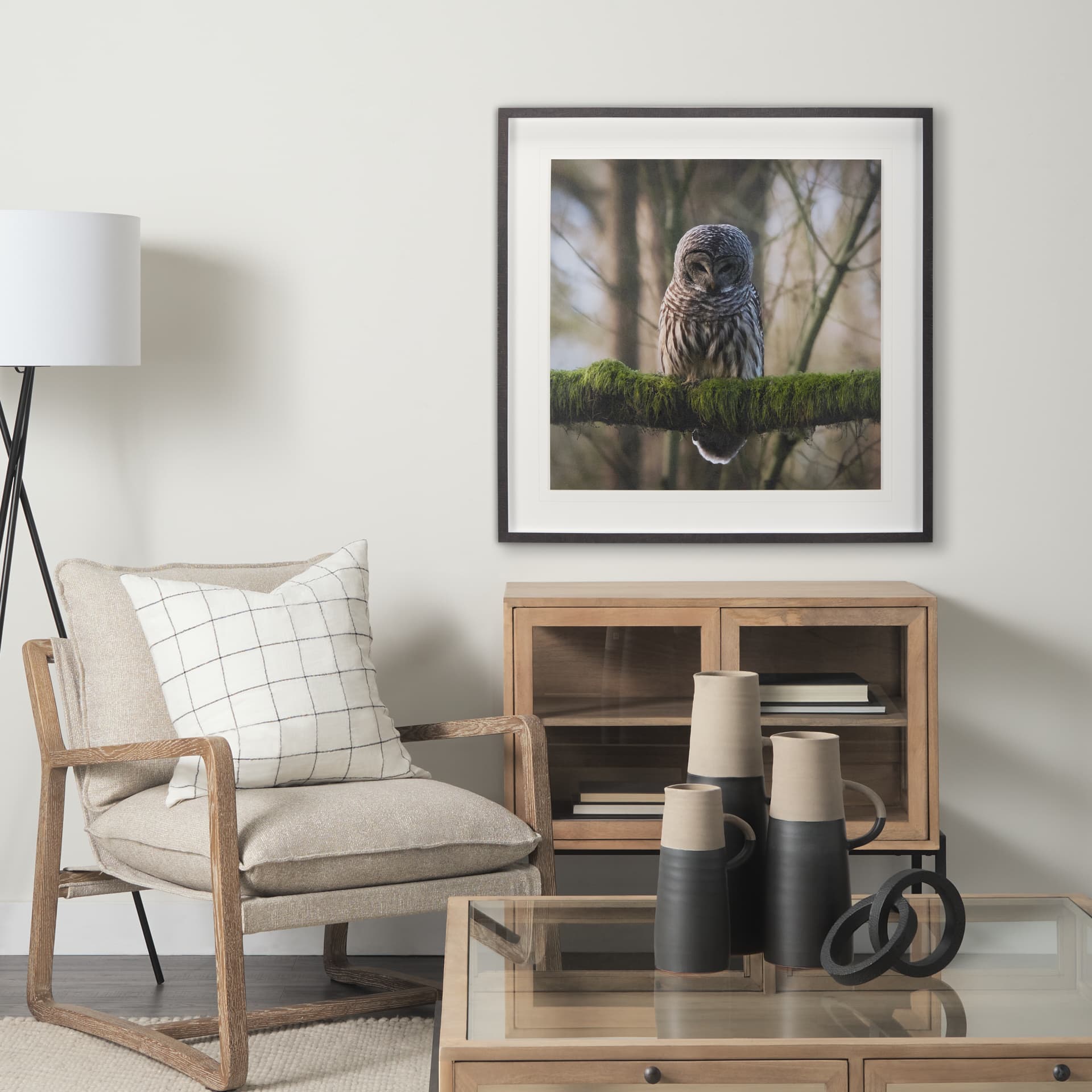 Forest Owl by Chad Mackay a Hand Embellished Textured Framed Photo Art Print Matted under Glass — in a styled room
