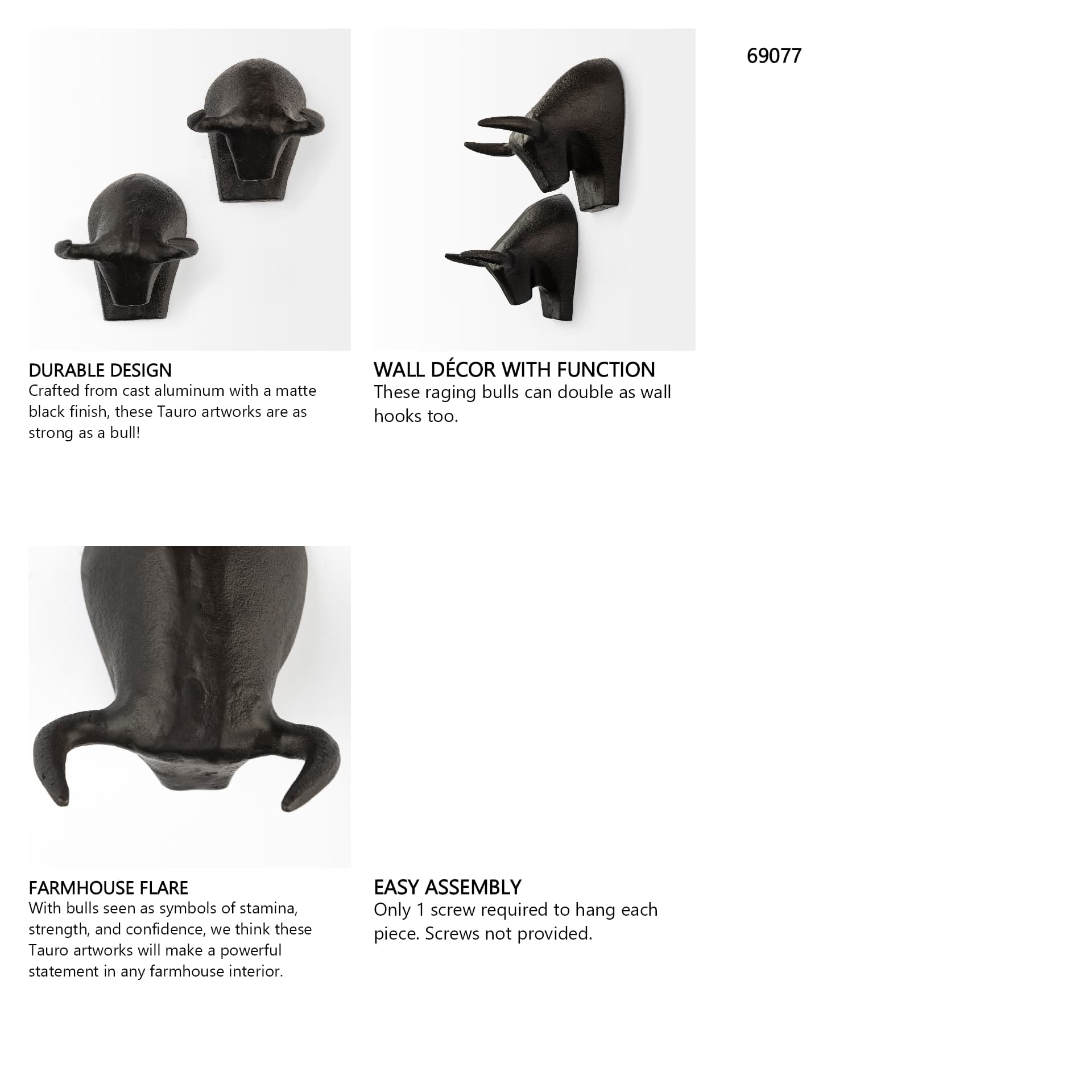 Tauro IV (Set of 2) Black Cast Aluminum Raging Bull Wall Decor — in a styled room