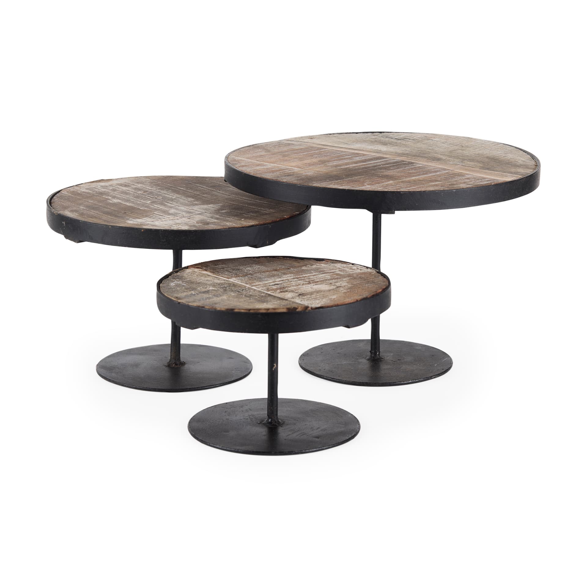 Lorenz (Set of 3) Light Brown Wood W/ Black Metal Base Round Decorative Display Stands — product photograph
