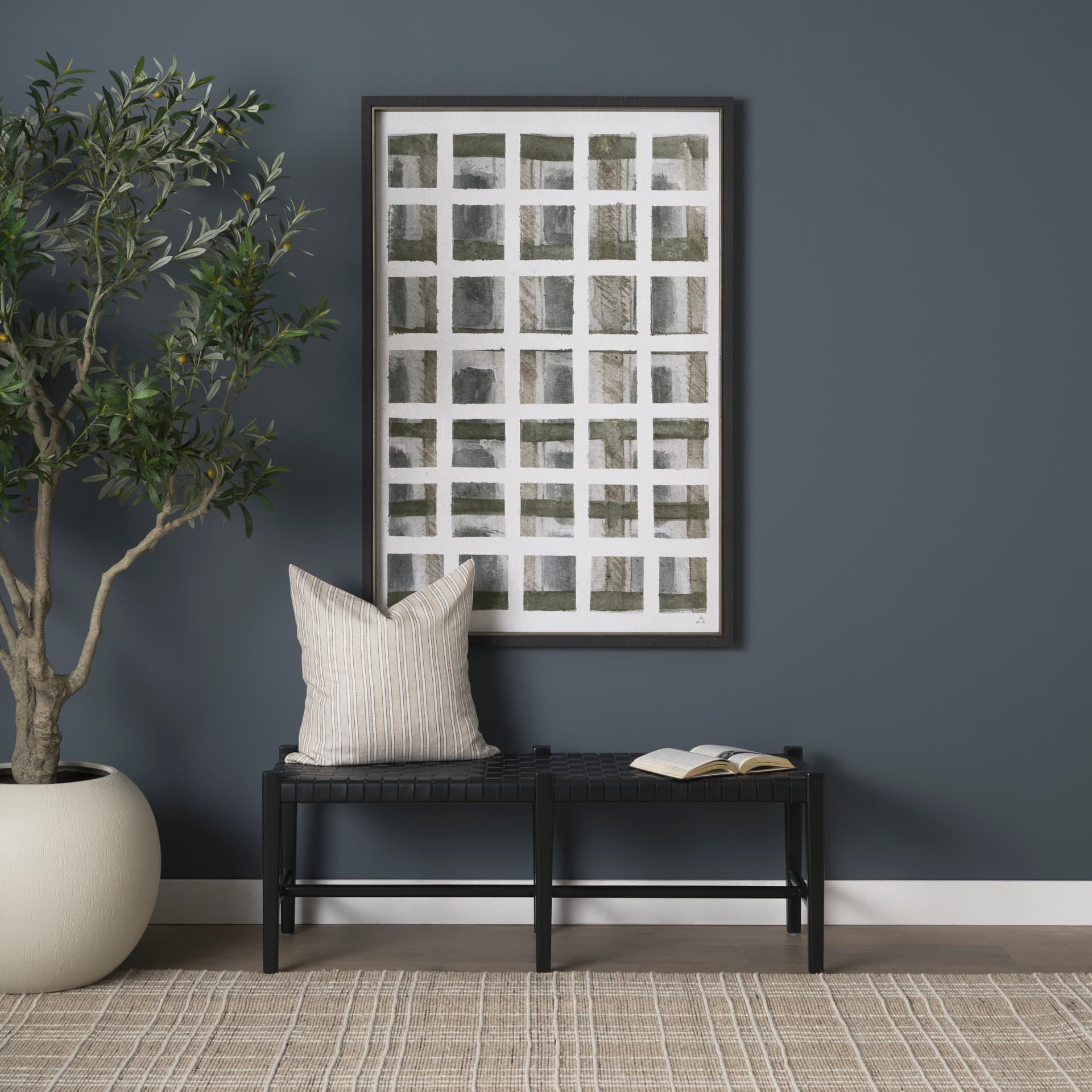 Shane Black Wood w/ Woven Black Leather Bench — in a styled room