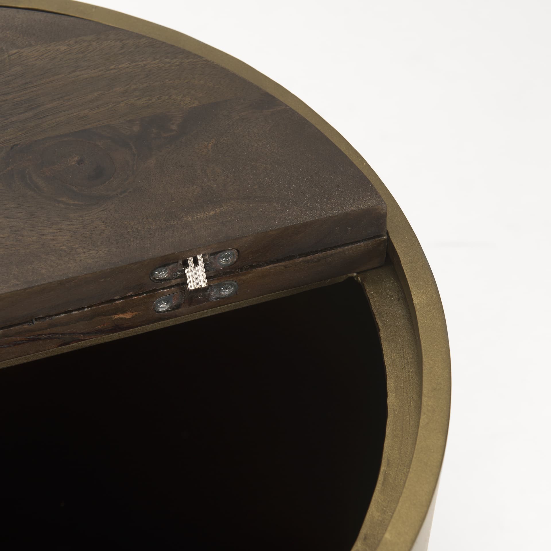 Eclipse Antique Brass Metal Drum Base w/ Dark Brown Wood Top End/Side Table — product photograph