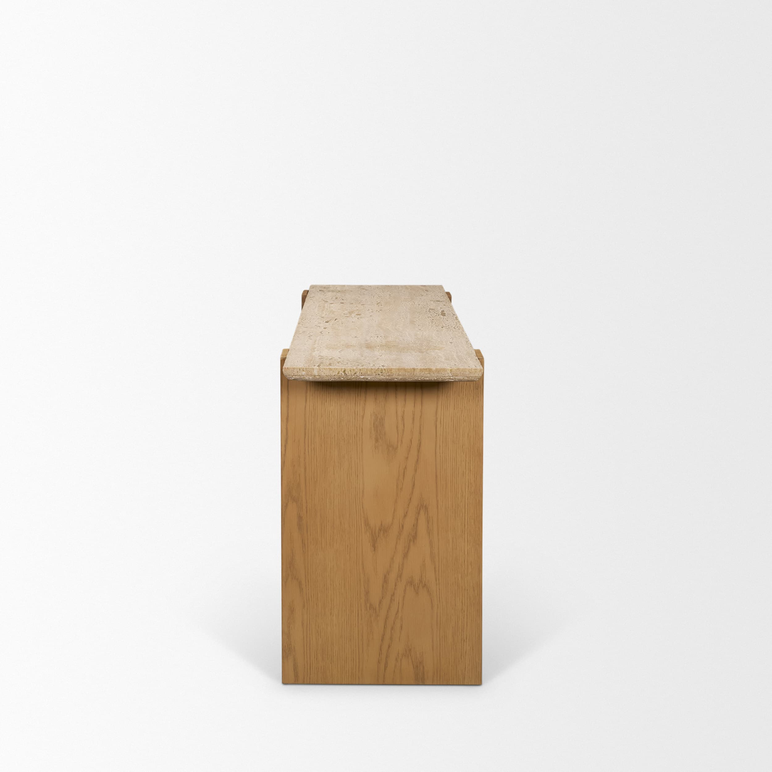 Milos Travertine Top w/ Light Brown Oak Wood Console Table — product photograph