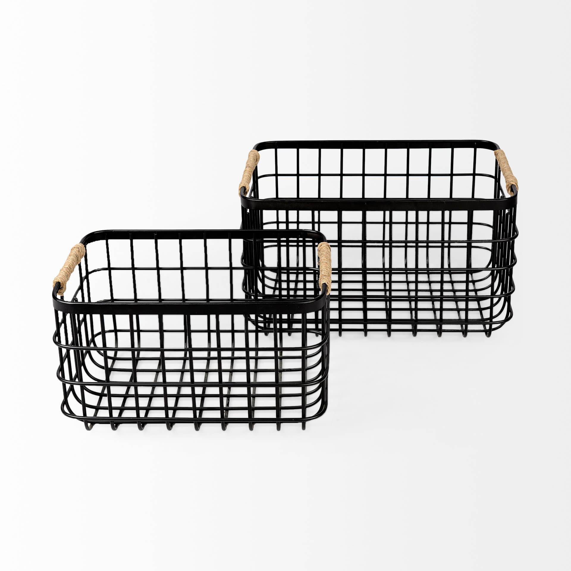 Marius (Set of 2) Matte Black Metal W/ Rope Trim Rectangular Baskets — product photograph