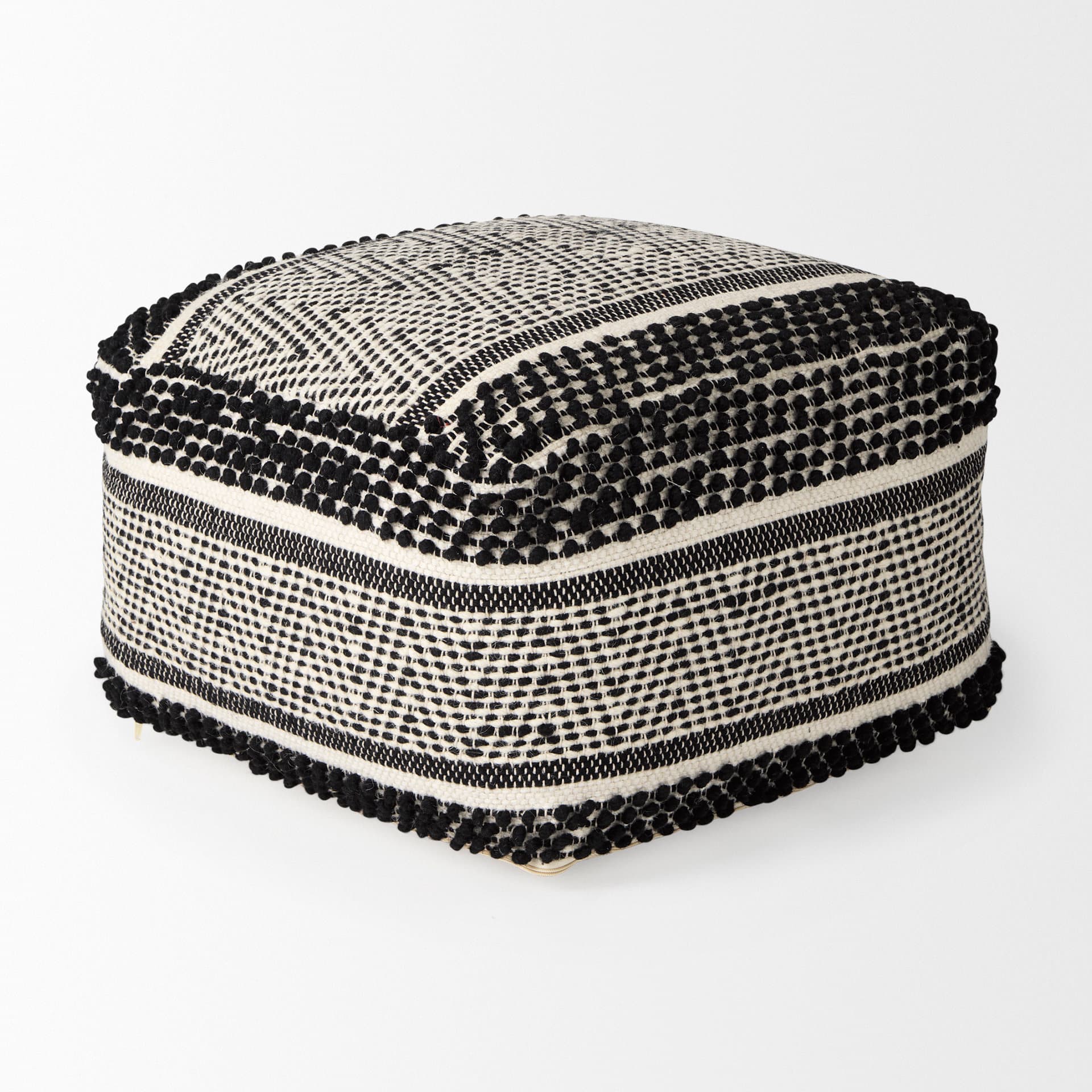 Garima 22.0L x 22.0W x 14.0H Black/White Wool and Cotton Patterned Pouf — product photograph