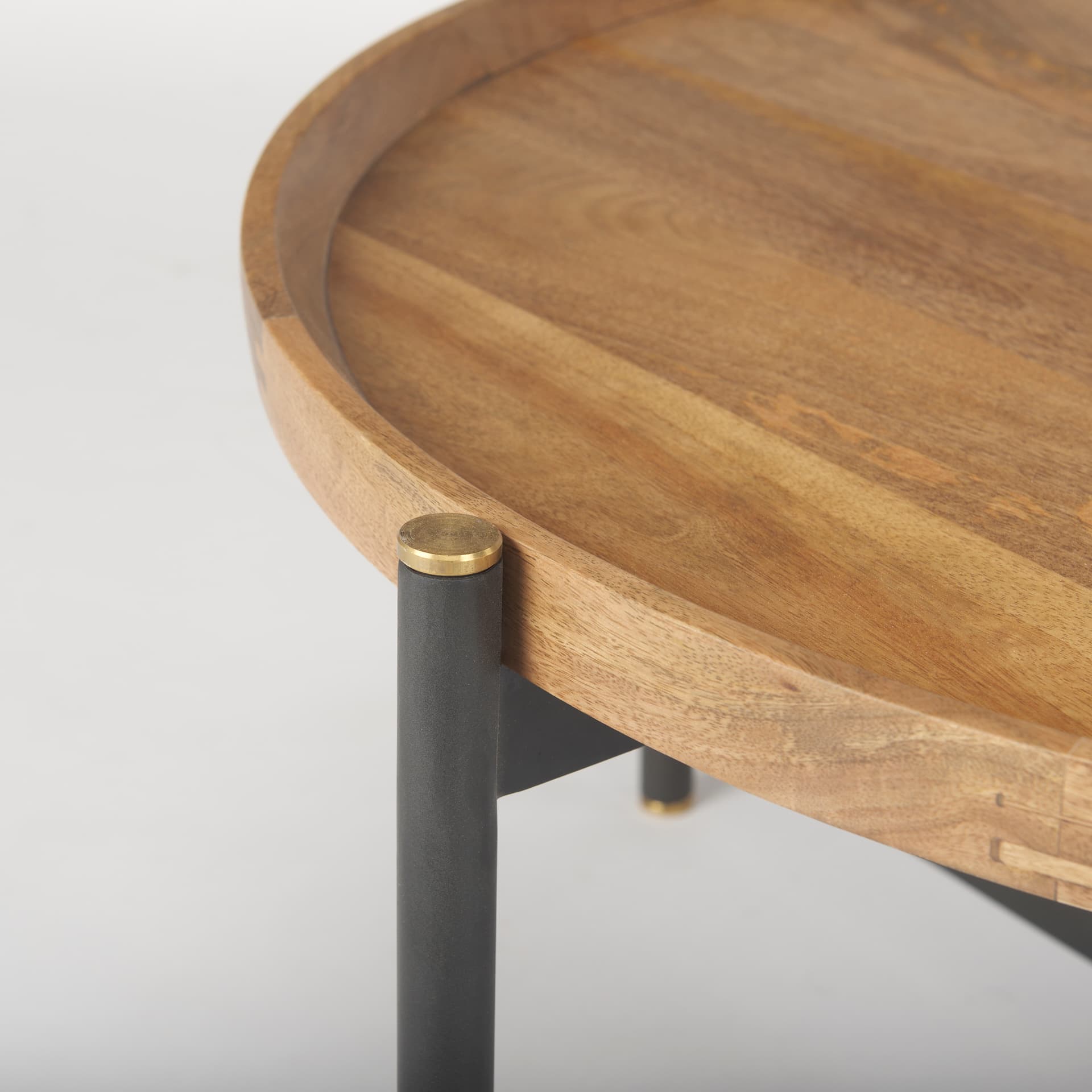 Marquisa 34.25" Round Small Brown Wood w/ Black Metal Coffee Table — product photograph