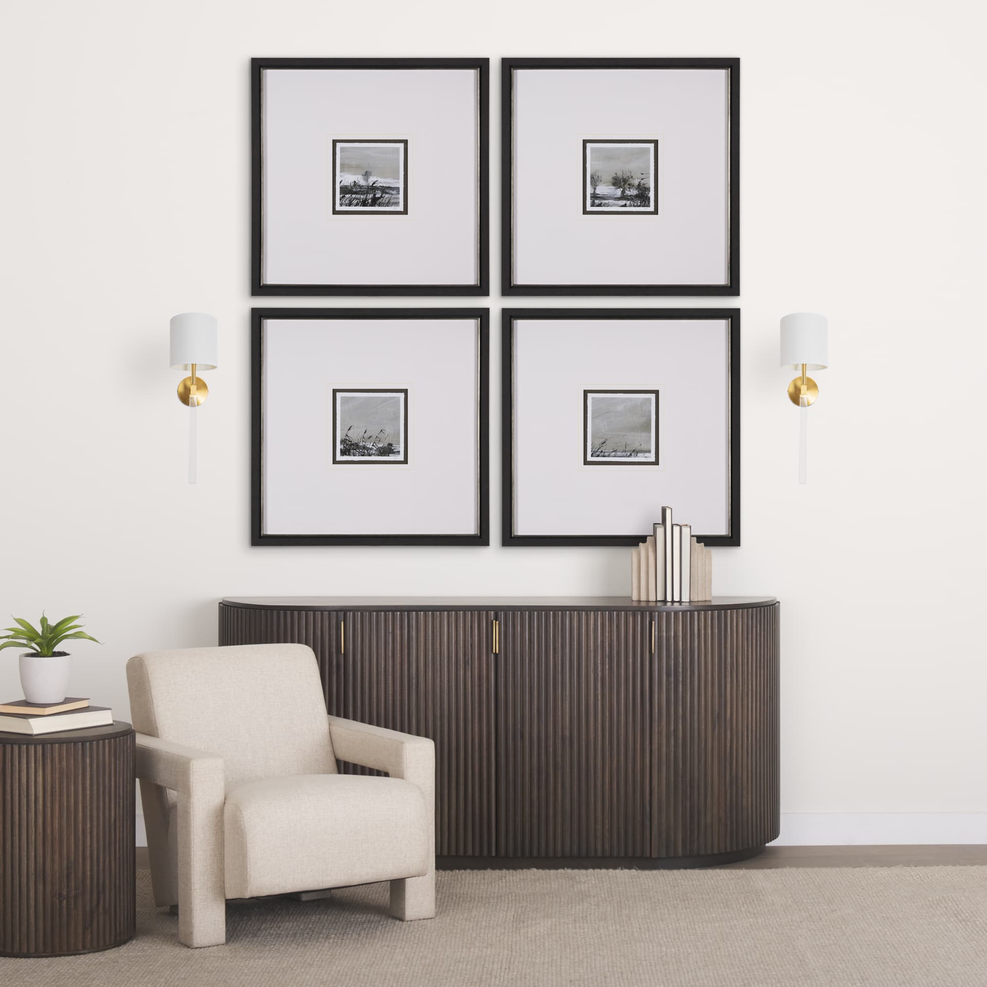 Santander II 6.5x22 Gold Metal and White Linen Shade Wall Sconce — in a styled room