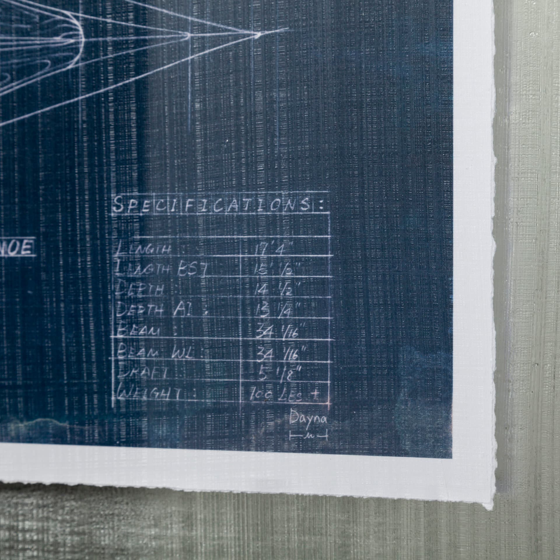 Canoe Blueprint by Dayna a Hand Embellished Textured Framed Art Print Matted under Glass — product photograph
