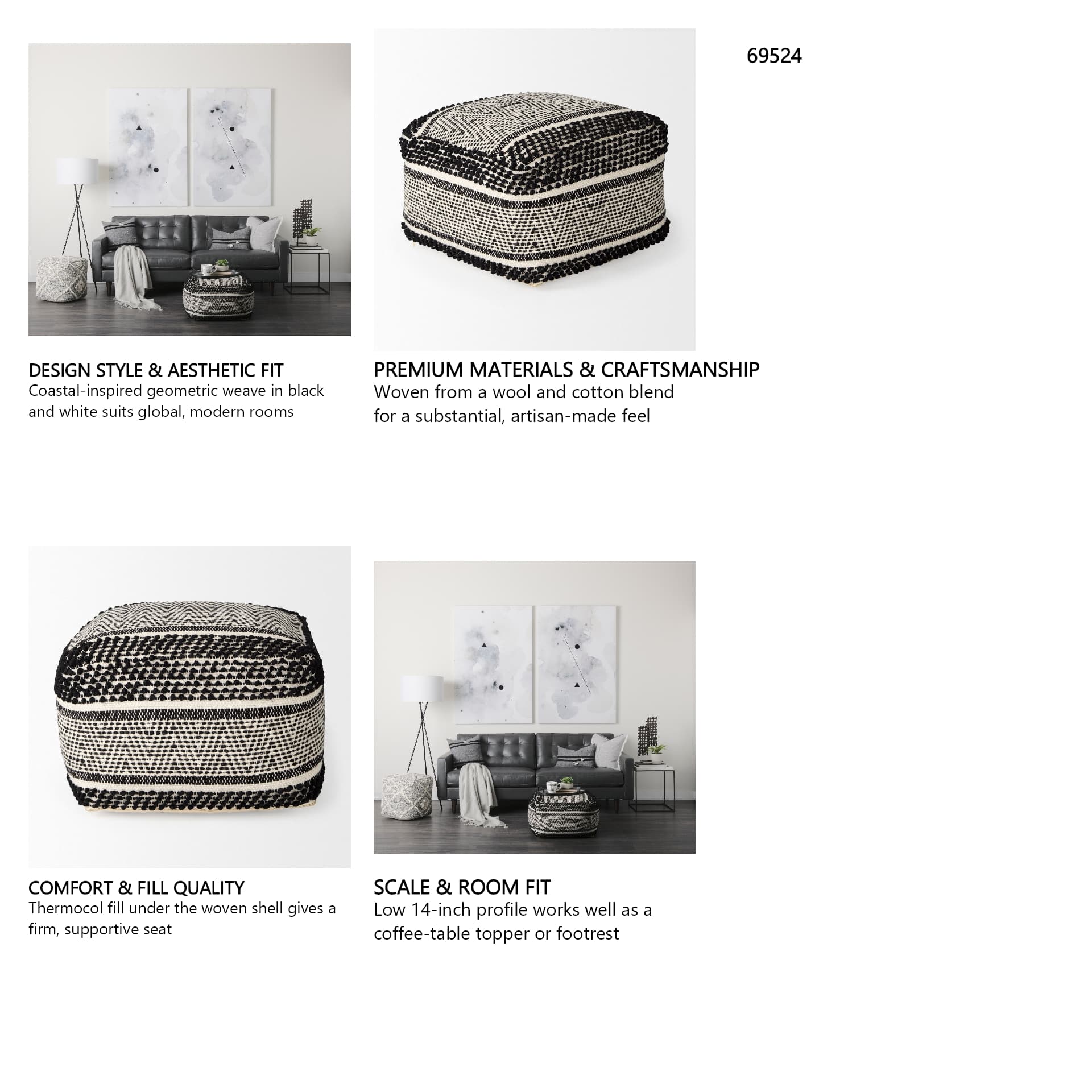 Garima 22.0L x 22.0W x 14.0H Black/White Wool and Cotton Patterned Pouf — in a styled room