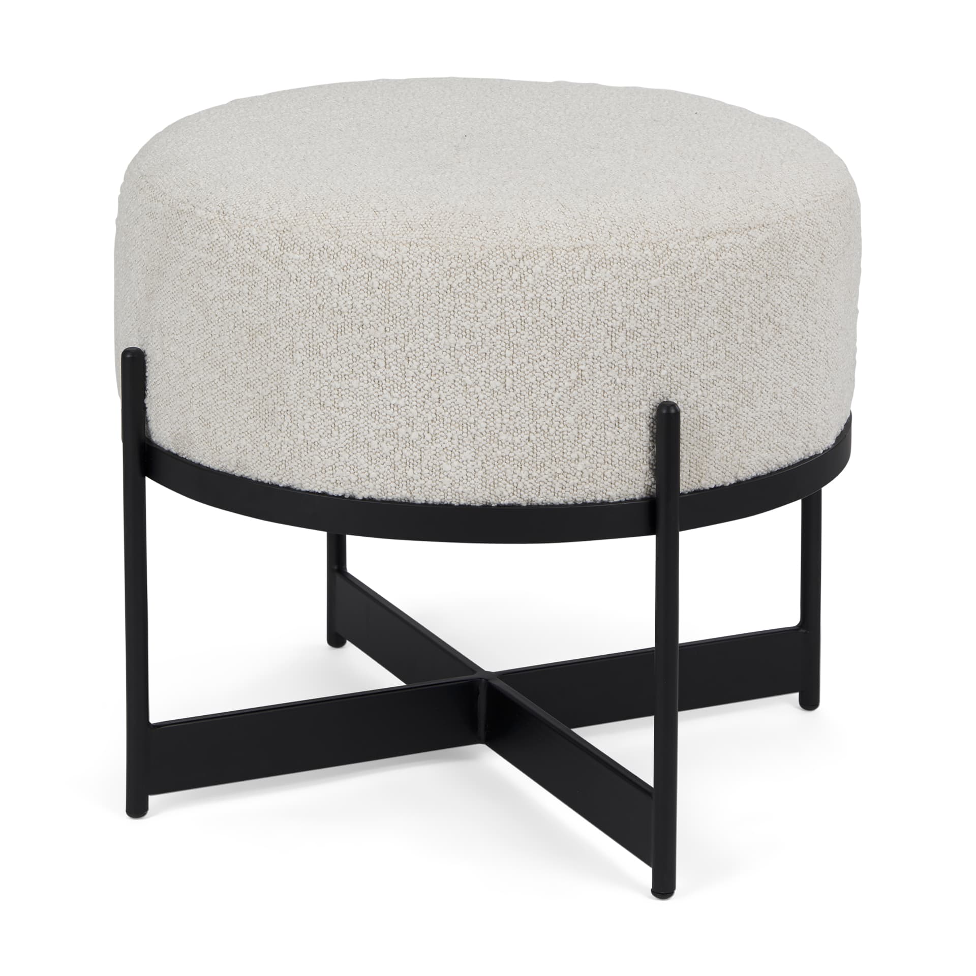 Amelia Cream Boucle W/Black Metal Upholstered Pouf — product photograph
