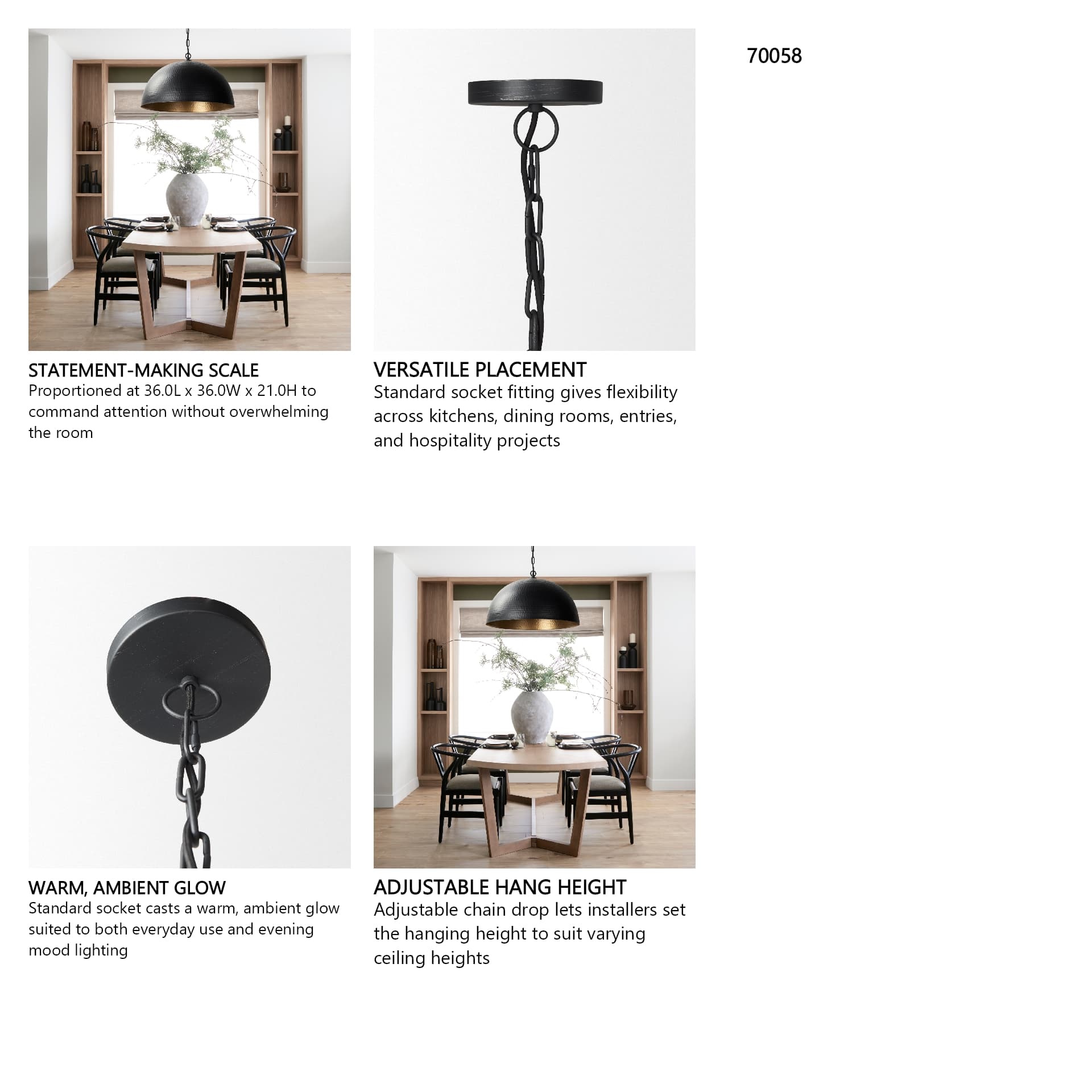 Karina 36" Round Matte Black Hammered Metal Dome Pendant Light — in a styled room