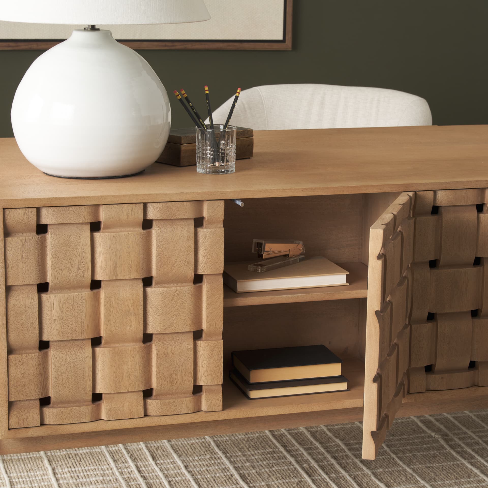Trellyn Light Brown Solid Wood Carved Woven Desk — product photograph